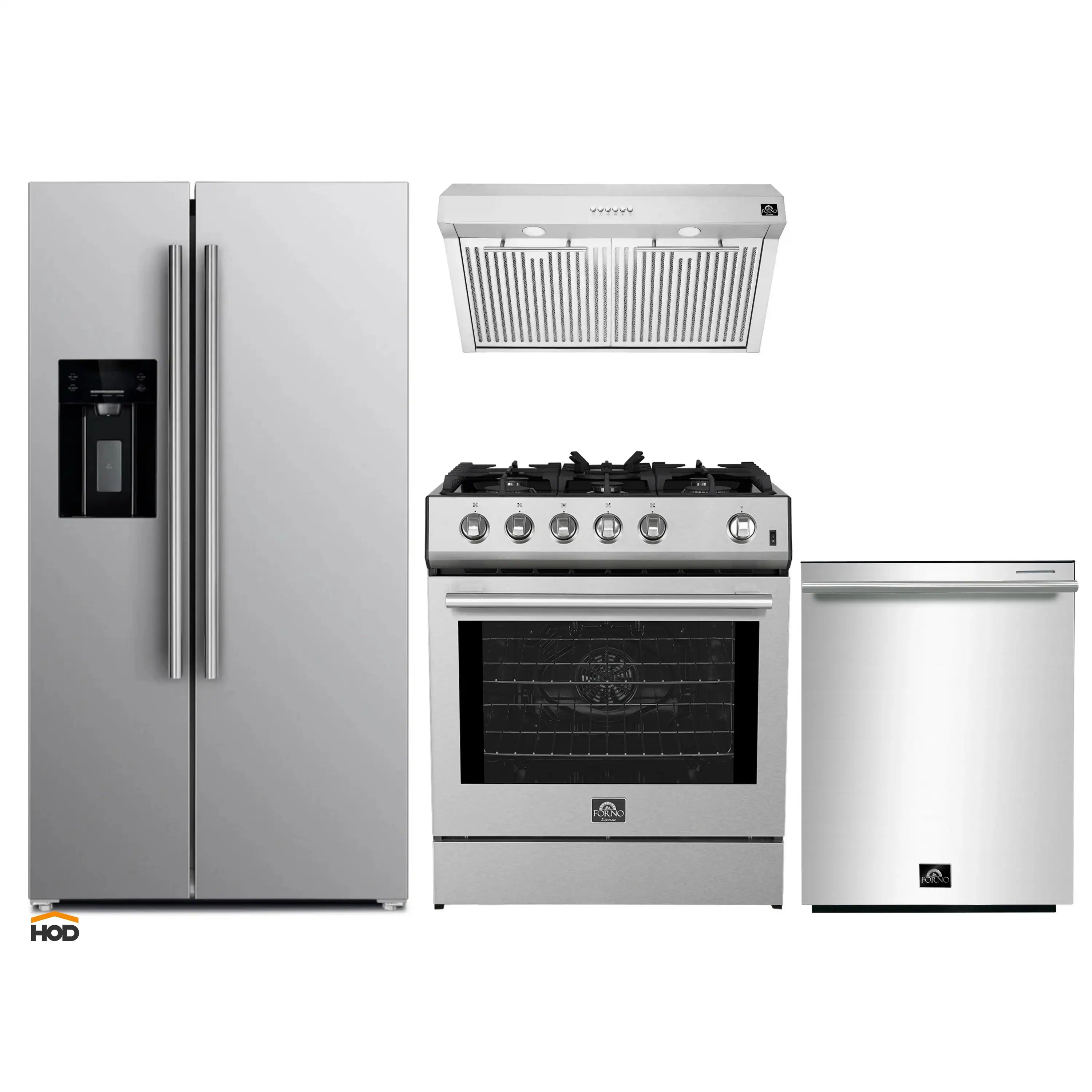 Stainless steel 4-piece kitchen appliance set: range, hood, fridge, dishwasher