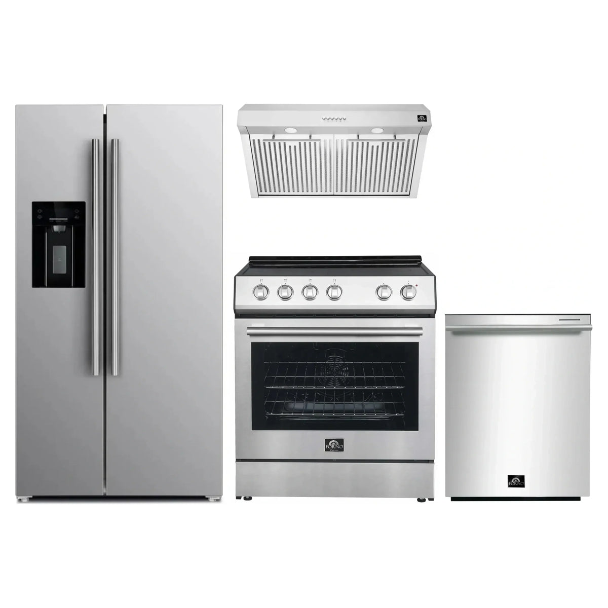 Stainless steel appliance package: refrigerator, electric range, and under-cabinet hood