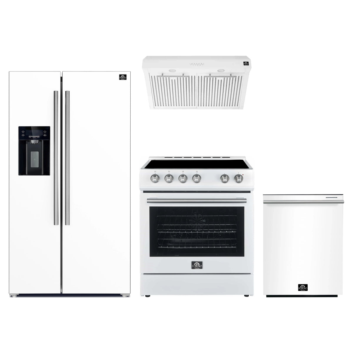 Forno Espresso 4-Piece Appliance Package - 30-Inch Electric Range, Under Cabinet Range Hood, Refrigerator with Water Dispenser and Dishwasher in White with Stainless Steel Trim