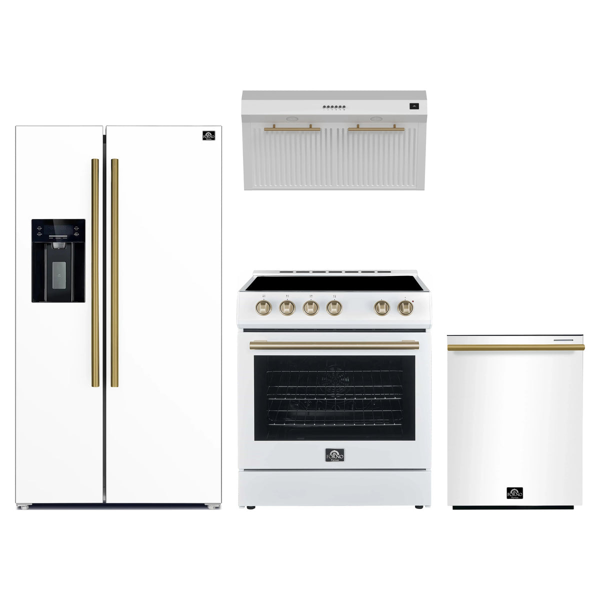 Forno Espresso 4-Piece Appliance Package - 30-Inch Electric Range, Under Cabinet Range Hood, Refrigerator with Water Dispenser and Dishwasher in White with Antique Brass Trim