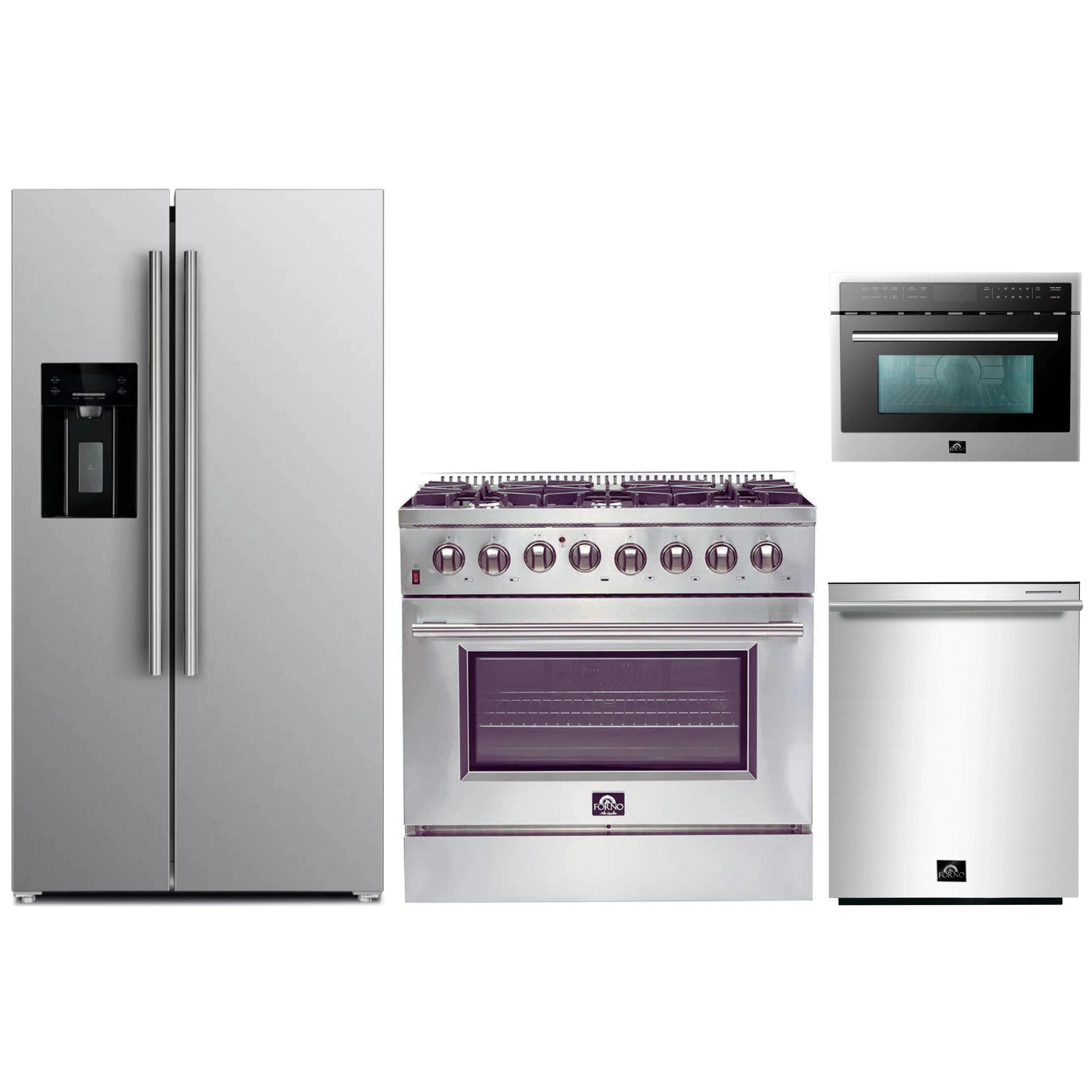 Stainless steel appliance set with refrigerator, range, and microwave