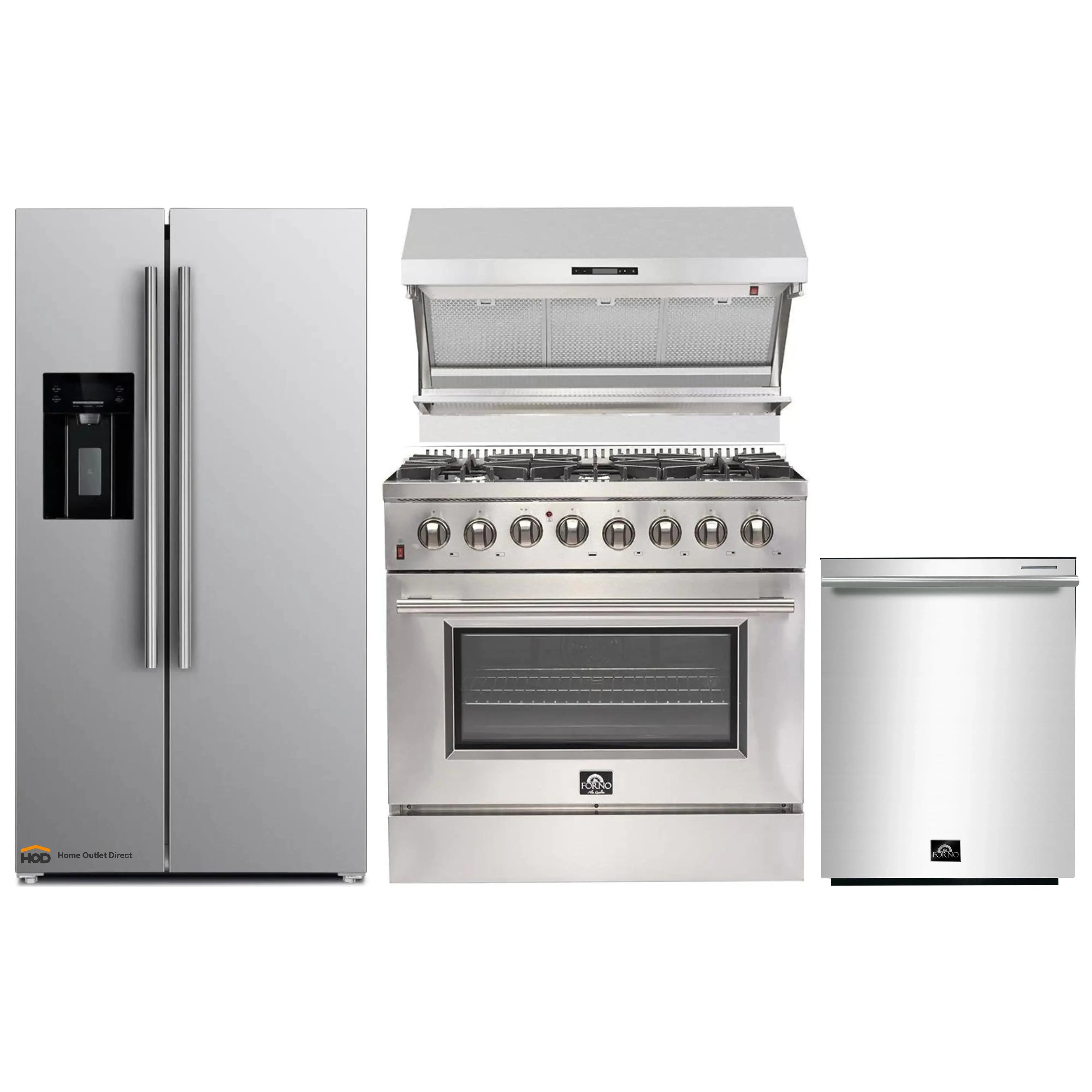 Stainless kitchen appliance package: refrigerator, dual-fuel range with wall hood