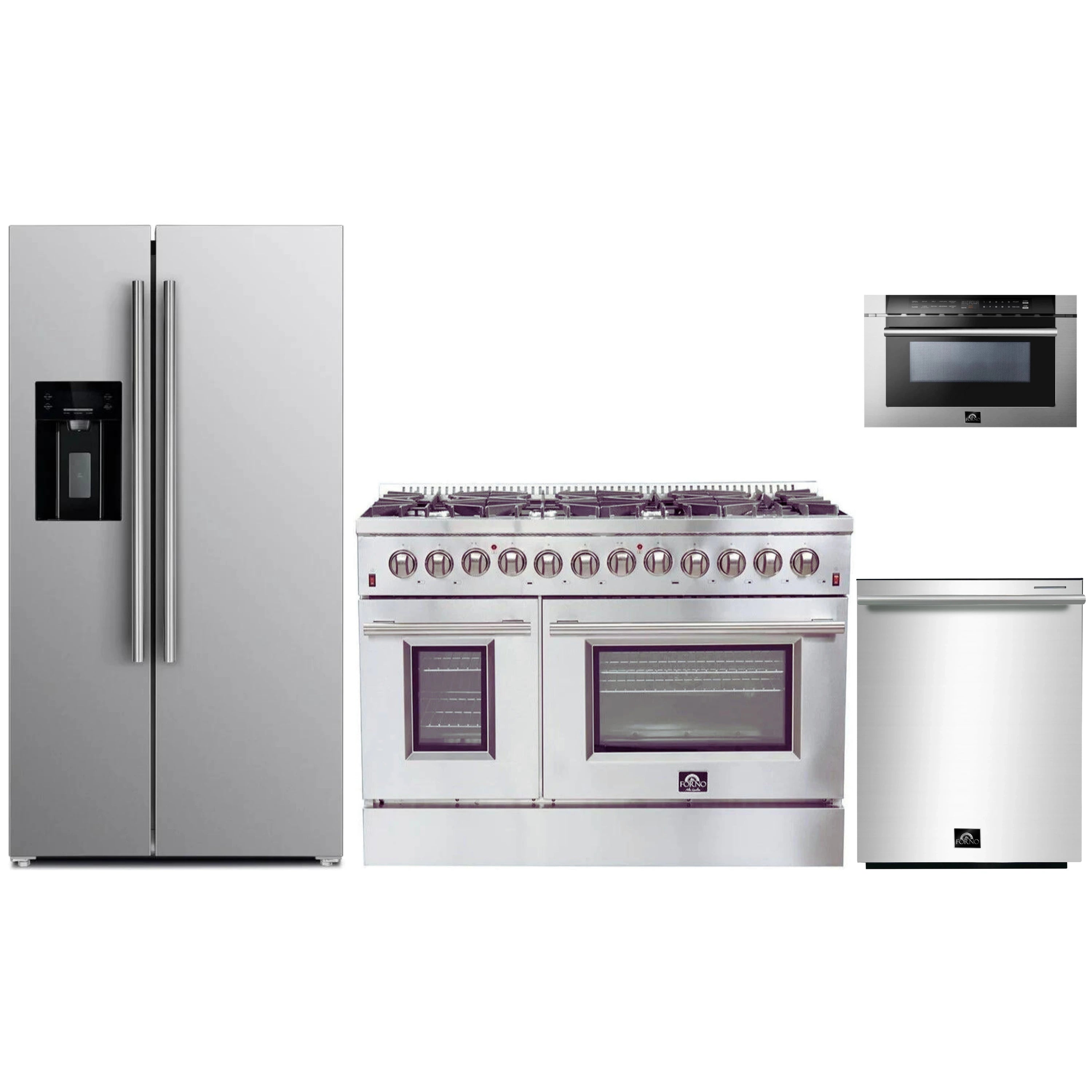 Stainless appliance package with dual fuel range, refrigerator, dishwasher, microwave