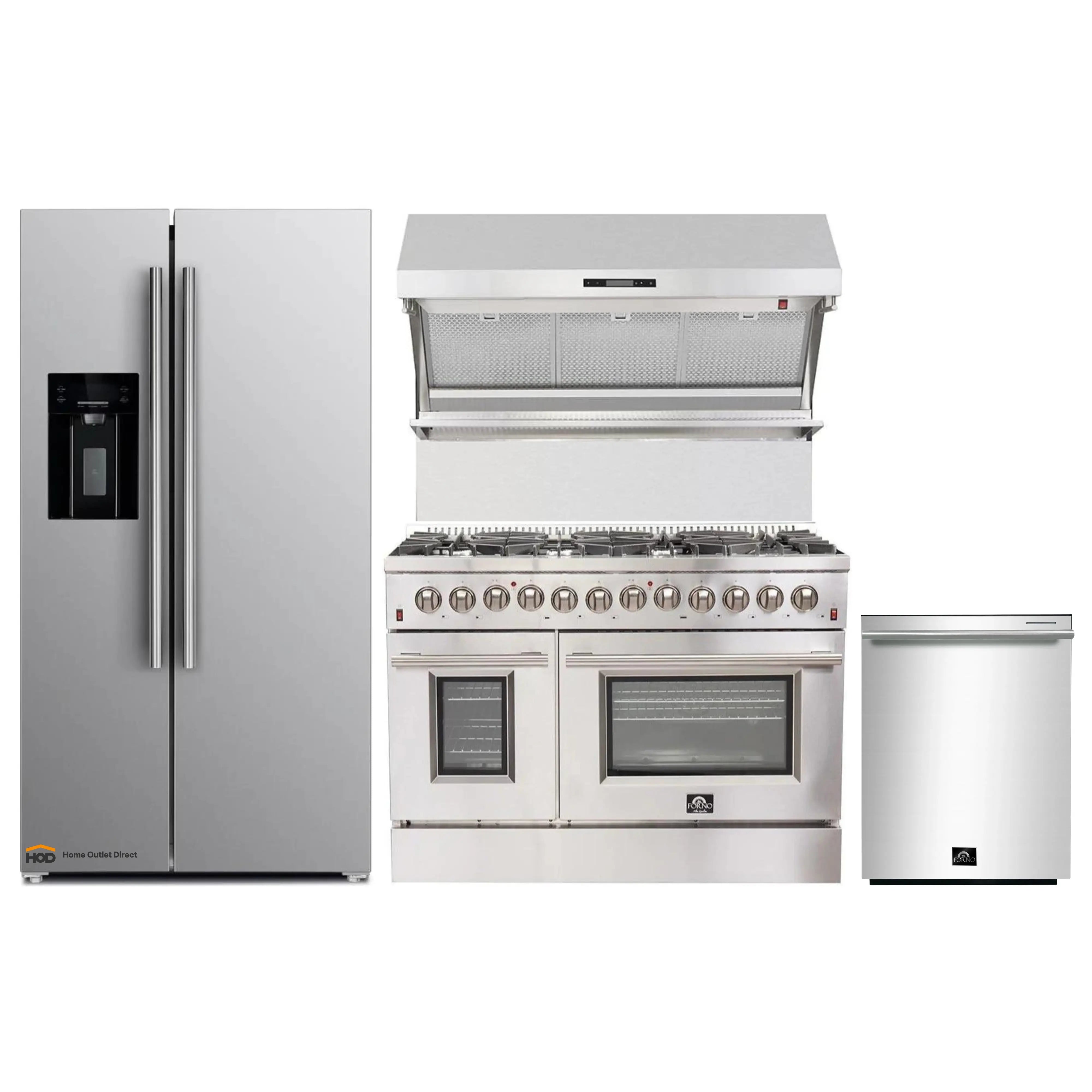 Stainless freestanding range with wall hood, plus matching refrigerator and dishwasher