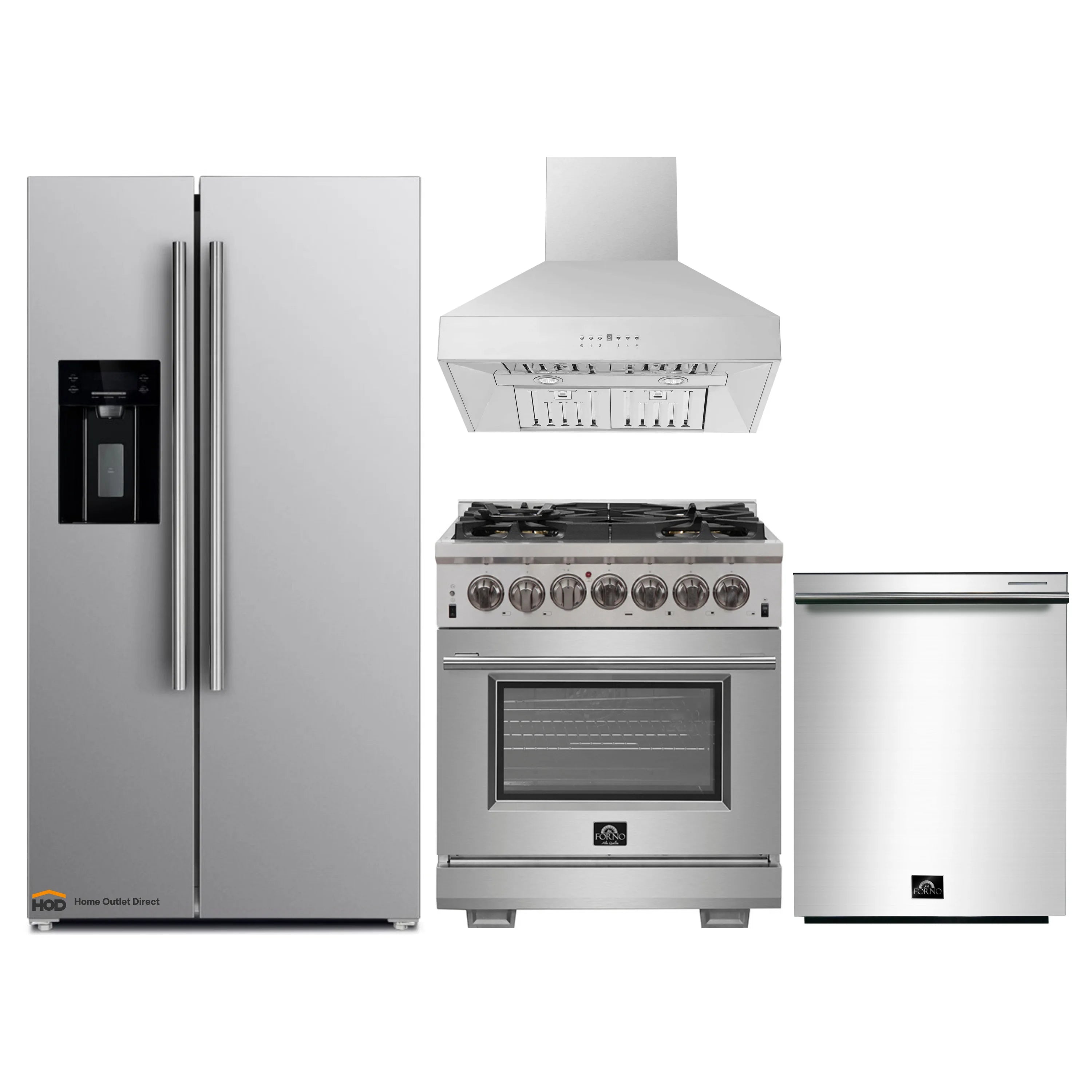 Stainless appliance package with refrigerator, range, hood, and dishwasher