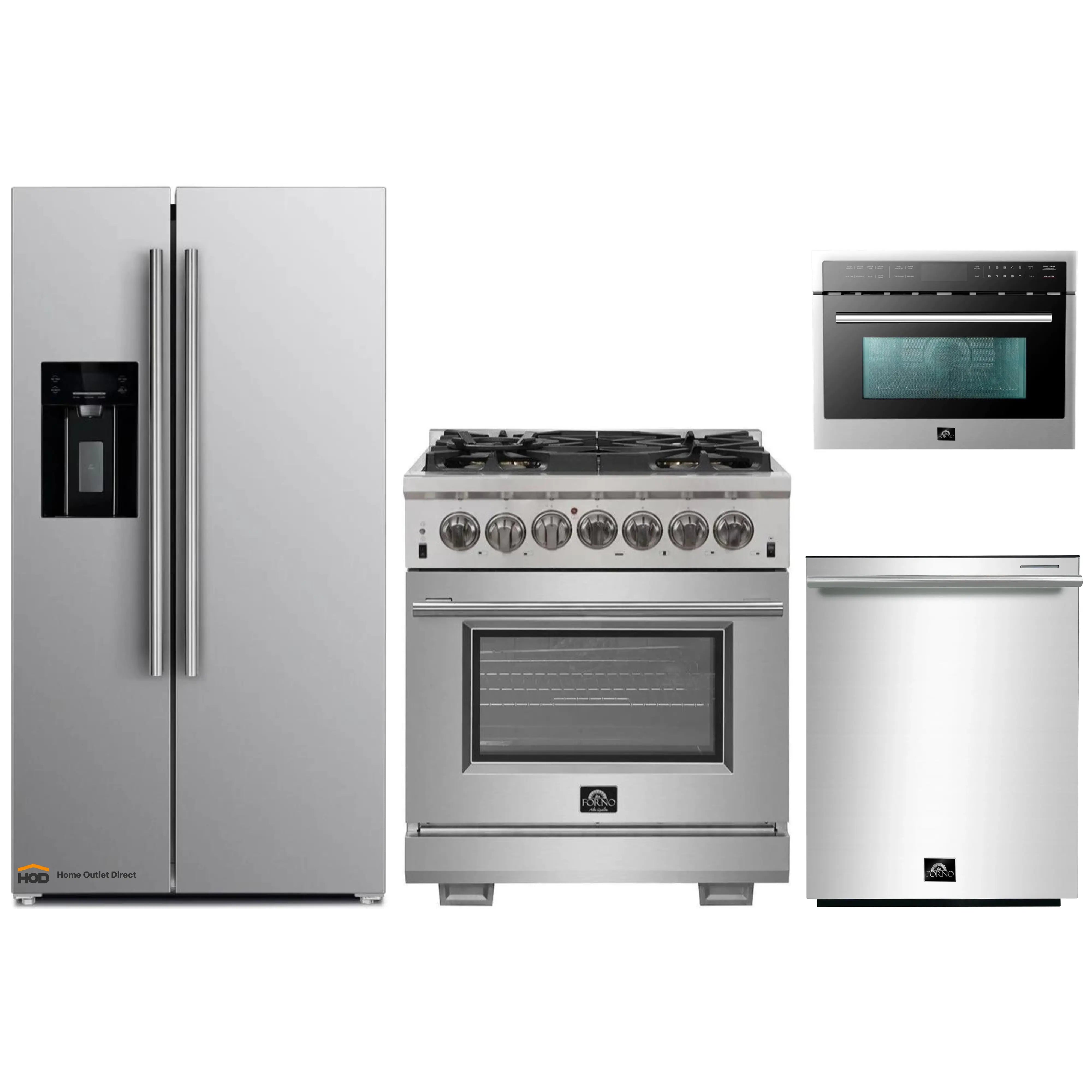 Stainless steel appliance package with refrigerator, range, oven, and microwave