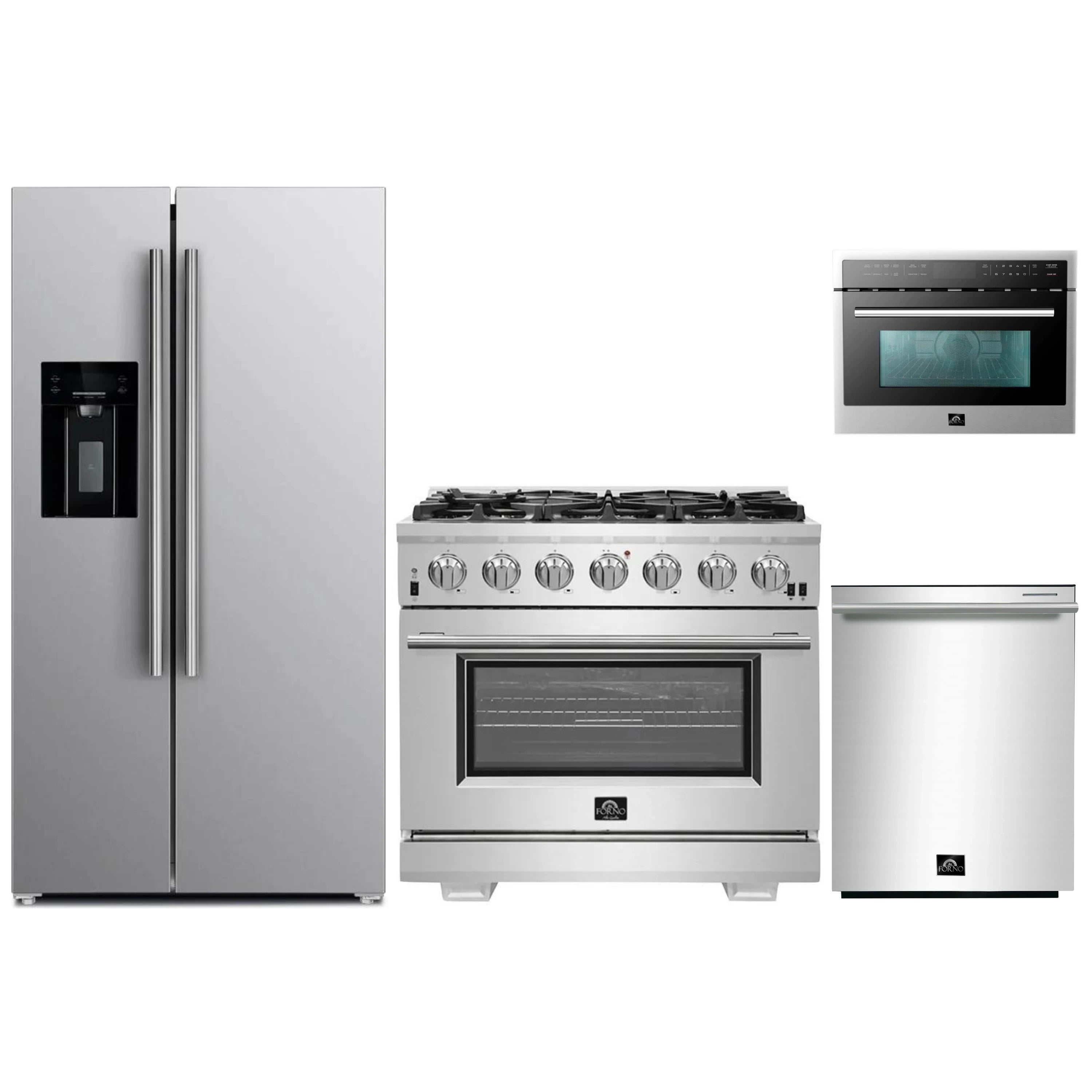 Stainless steel appliance set with refrigerator, dual-fuel range and microwave