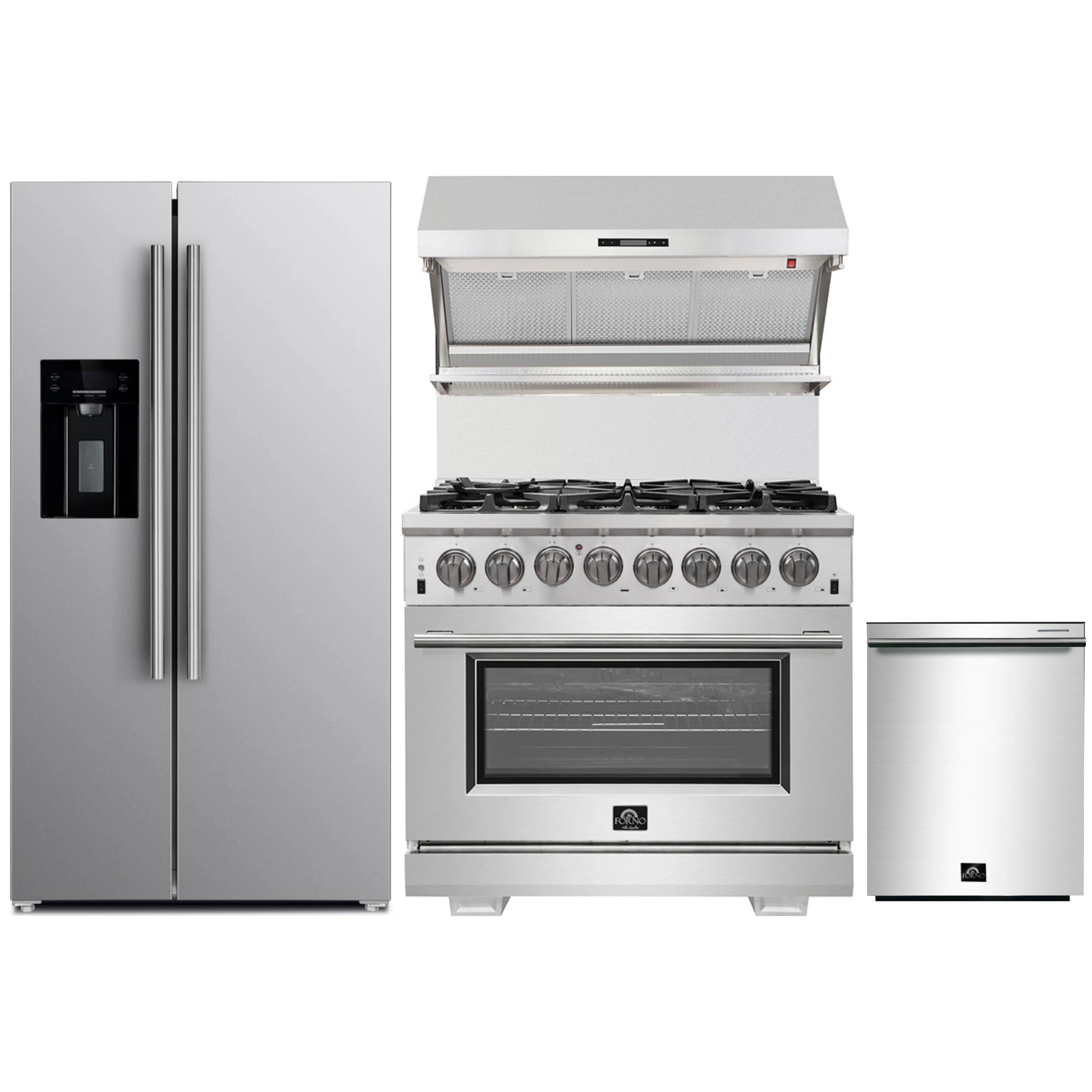 4-piece stainless steel appliance package: range, refrigerator, hood, and dishwasher