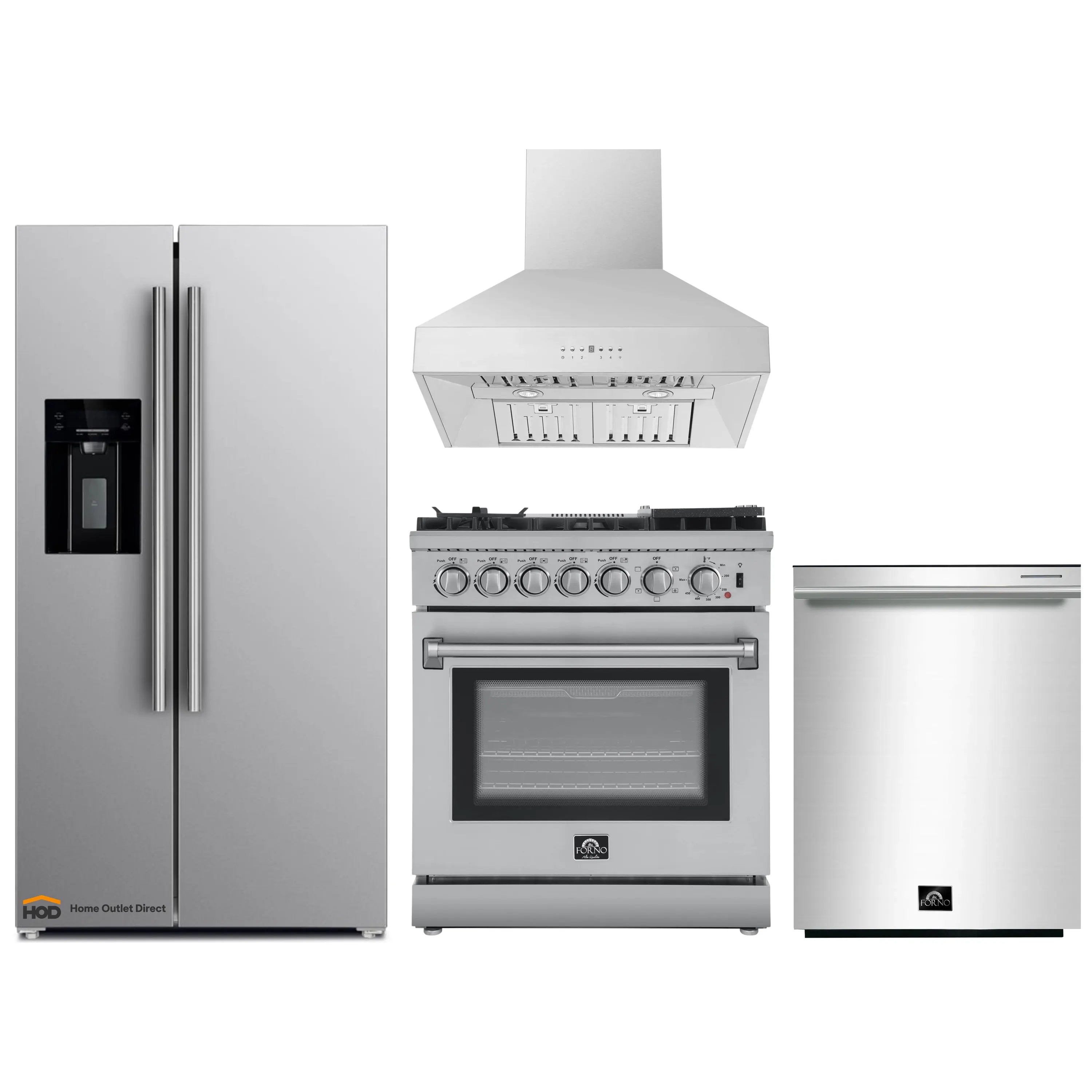 Forno 4-piece stainless appliance package: fridge, dual-fuel range, wall hood, dishwasher