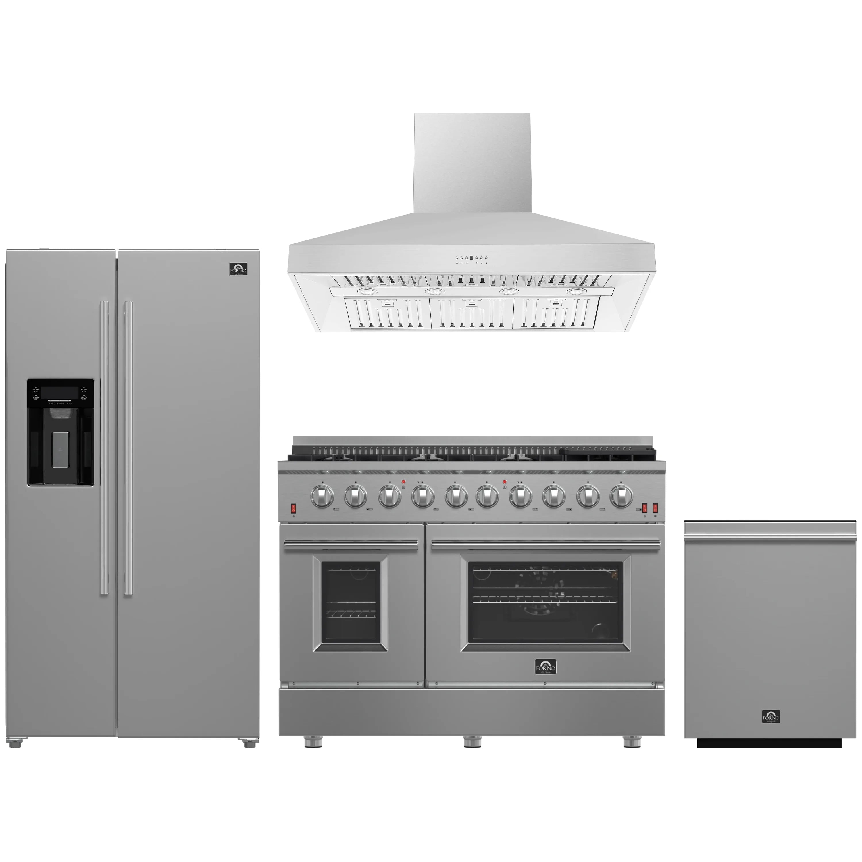 Forno 4-Piece Appliance Package - 48-Inch Gas Range, Refrigerator with Water Dispenser, Wall Mount Hood, & 3-Rack Dishwasher in Stainless Steel