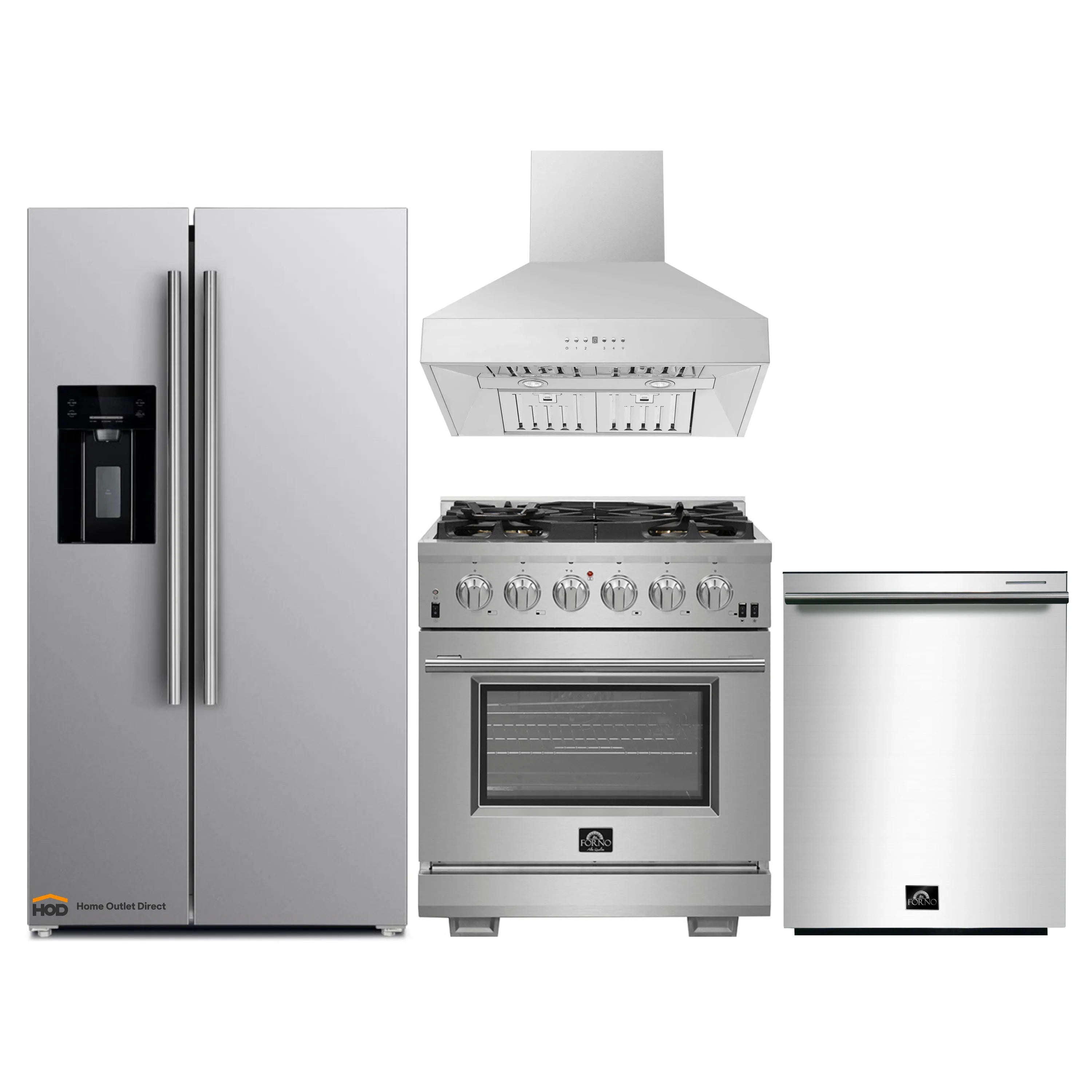 Stainless appliance package set with refrigerator, gas range, wall hood, and dishwasher