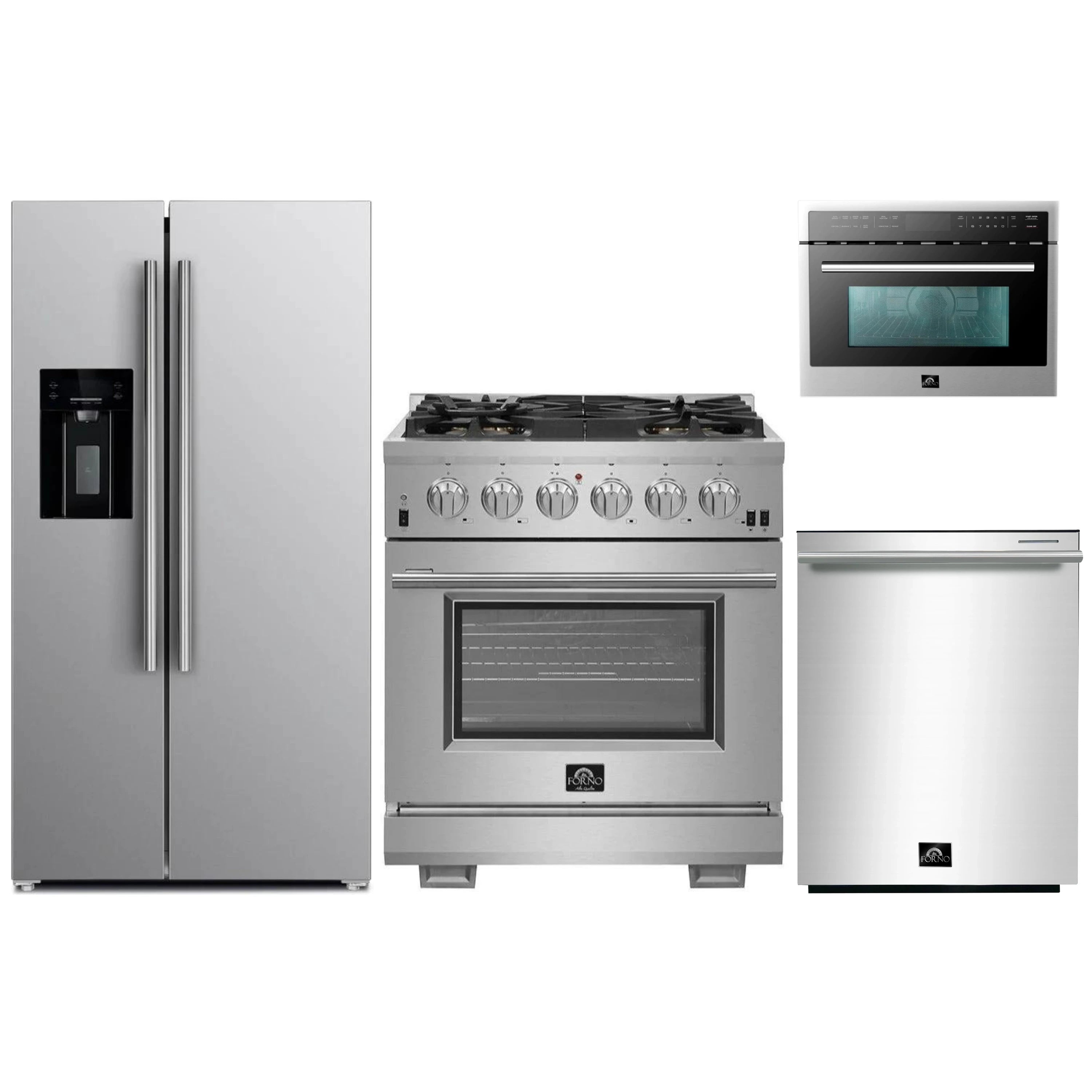 Stainless 4-piece kitchen appliance package: fridge, gas range, microwave, dishwasher