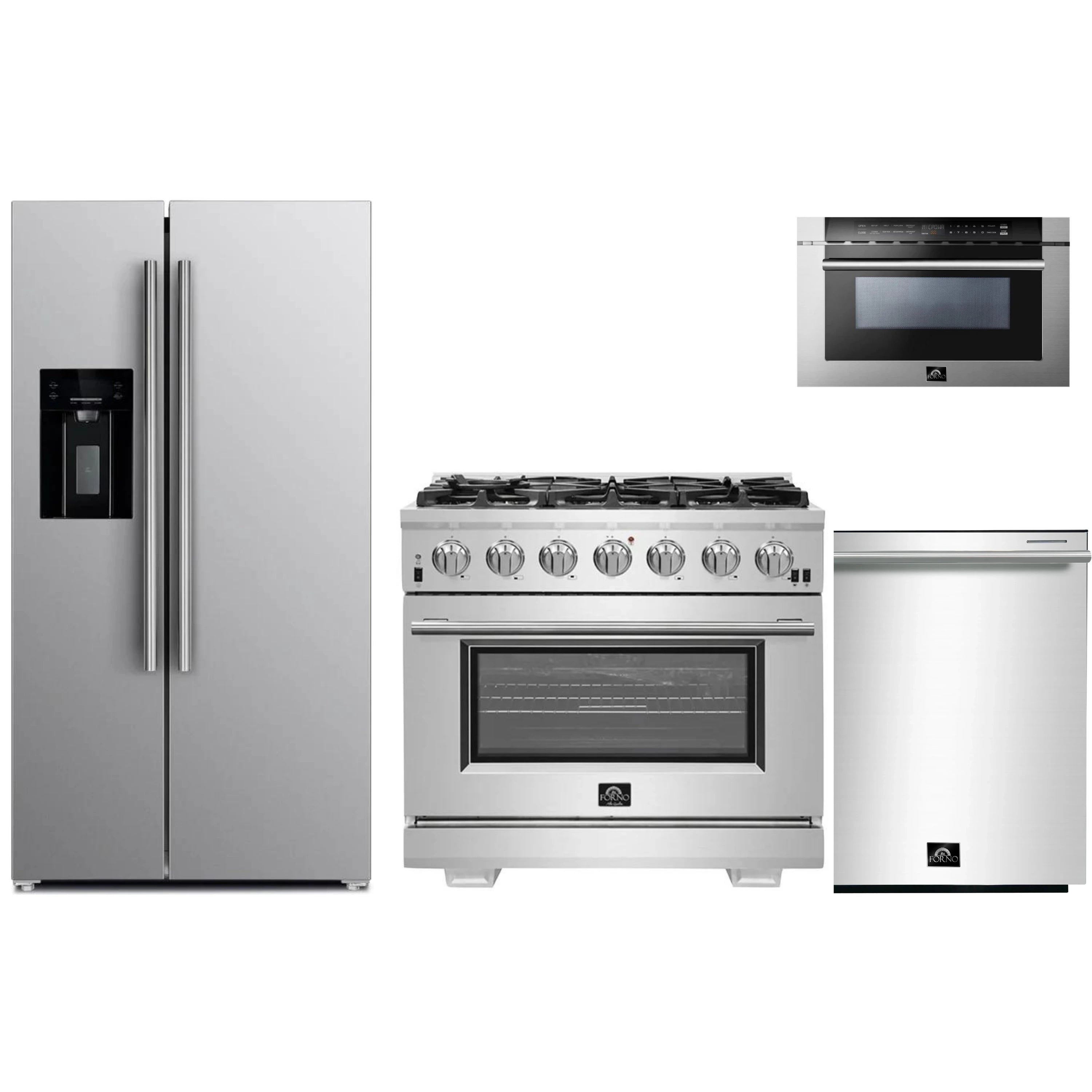 Stainless steel kitchen appliance set: refrigerator, gas range, microwave drawer, dishwasher