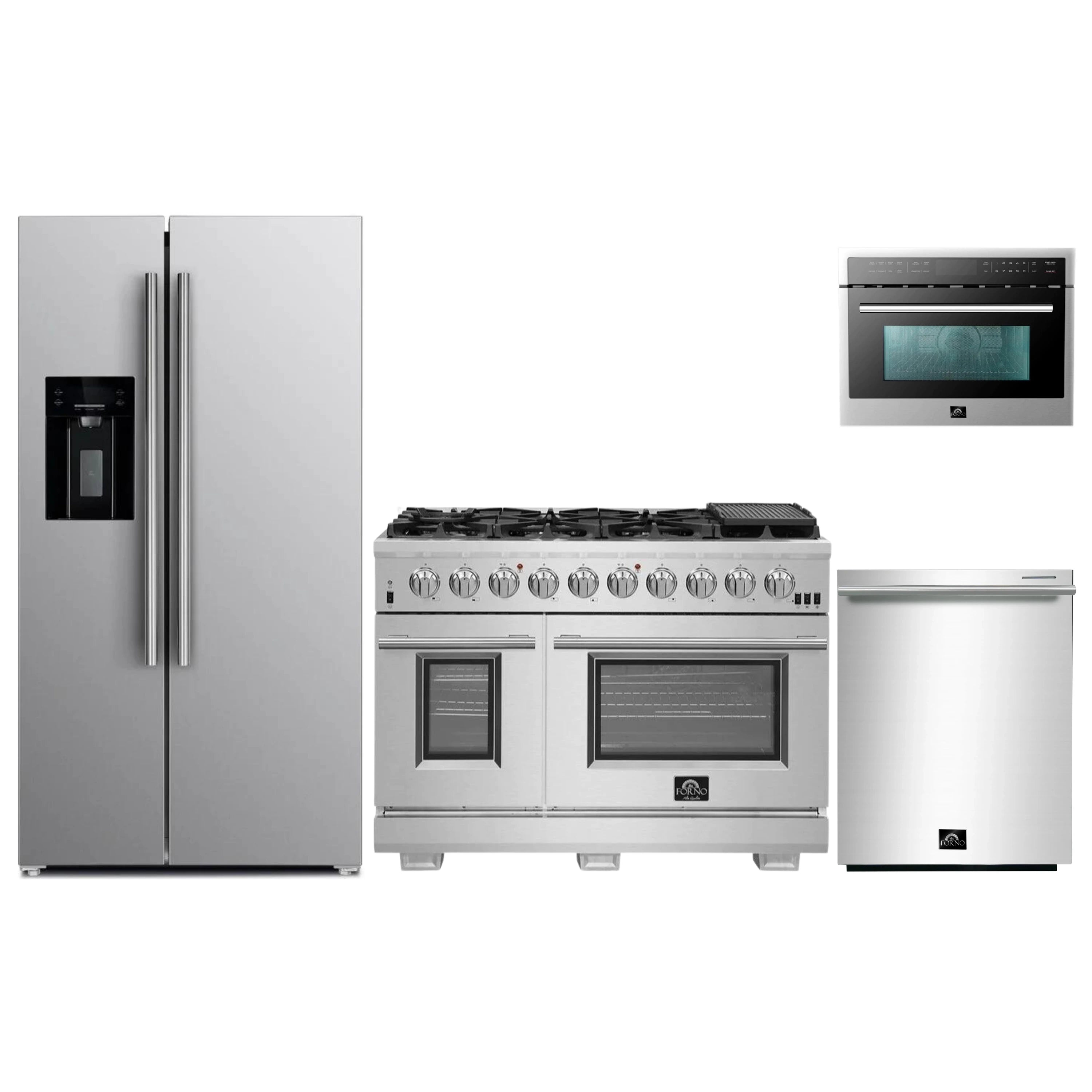 Stainless steel appliance package: refrigerator, gas range, microwave, and dishwasher