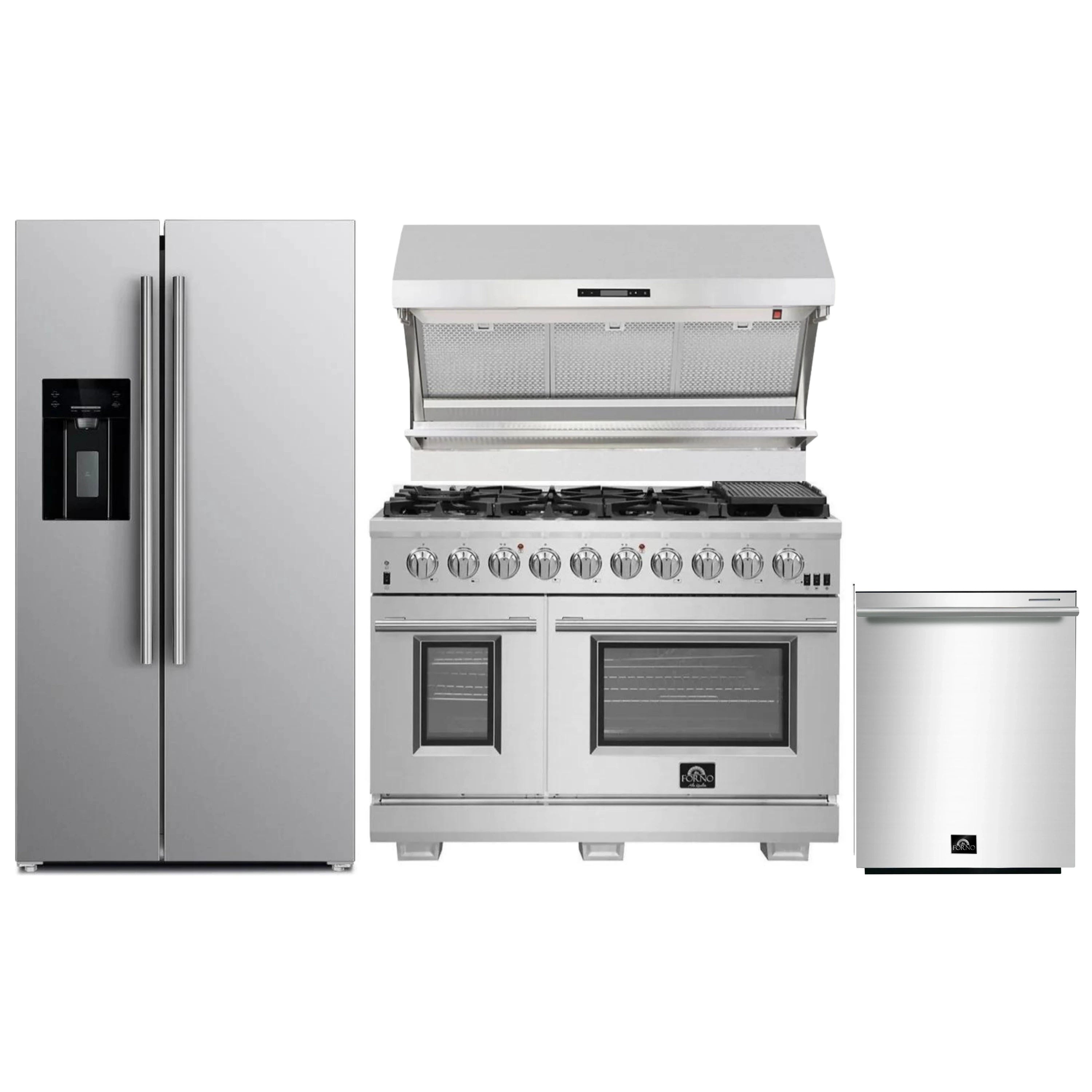 Stainless steel kitchen appliance set with gas range, refrigerator, and dishwasher