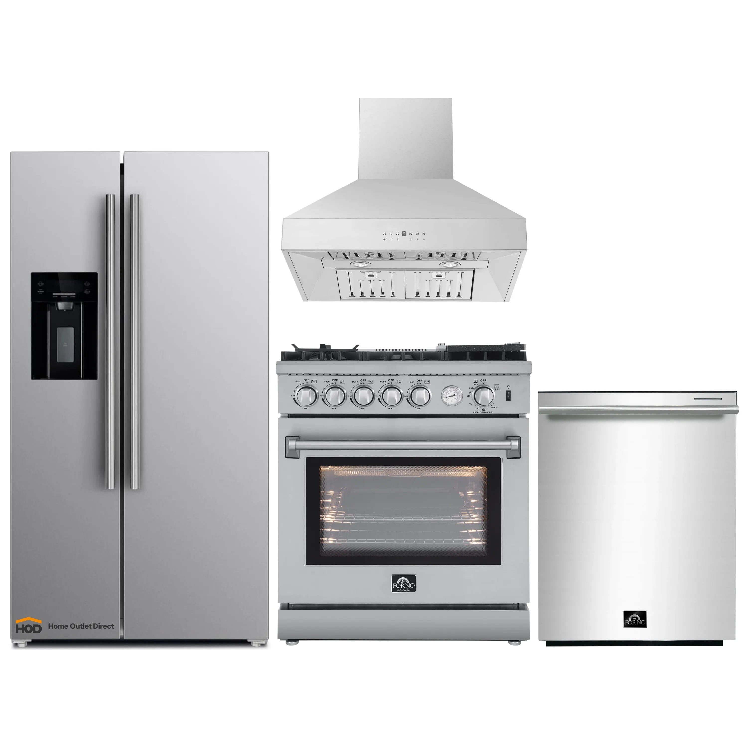 Forno kitchen appliance package with stainless gas range, wall hood, and refrigerator