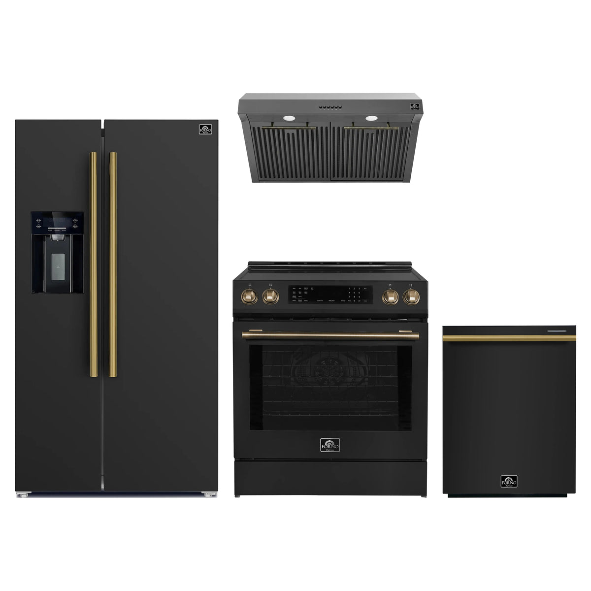 Forno Espresso 4-Piece Appliance Package - 30-Inch Induction Range, Under Cabinet Range Hood, Refrigerator with Water Dispenser and Dishwasher in Black with Antique Brass Trim