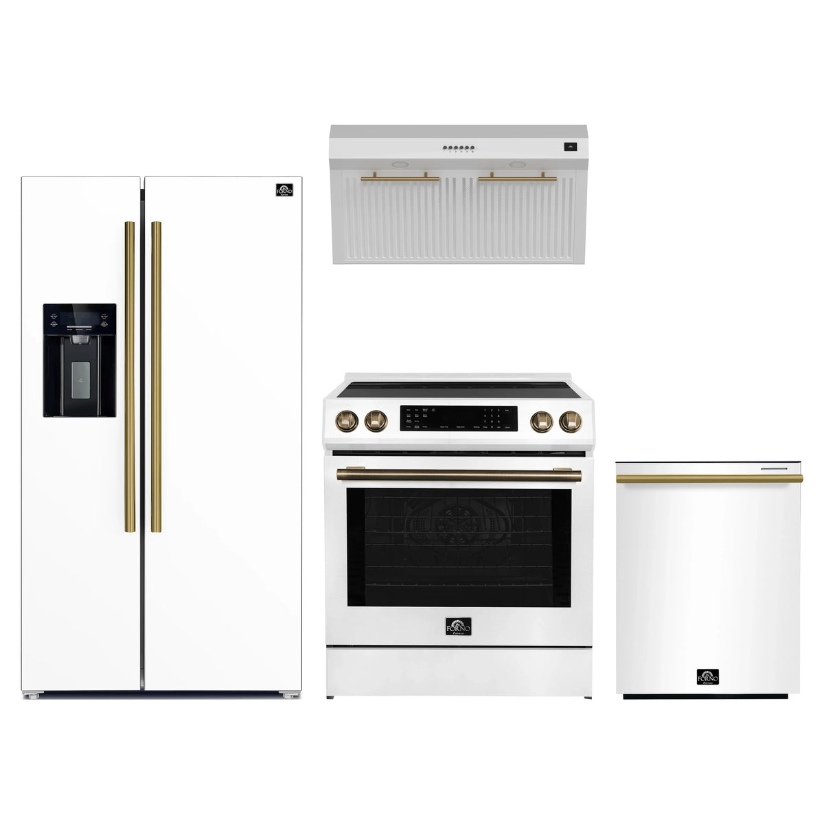 Forno Espresso 4-Piece Appliance Package - 30-Inch Induction Range, Under Cabinet Range Hood, Refrigerator with Water Dispenser and Dishwasher in White with Antique Brass Trim