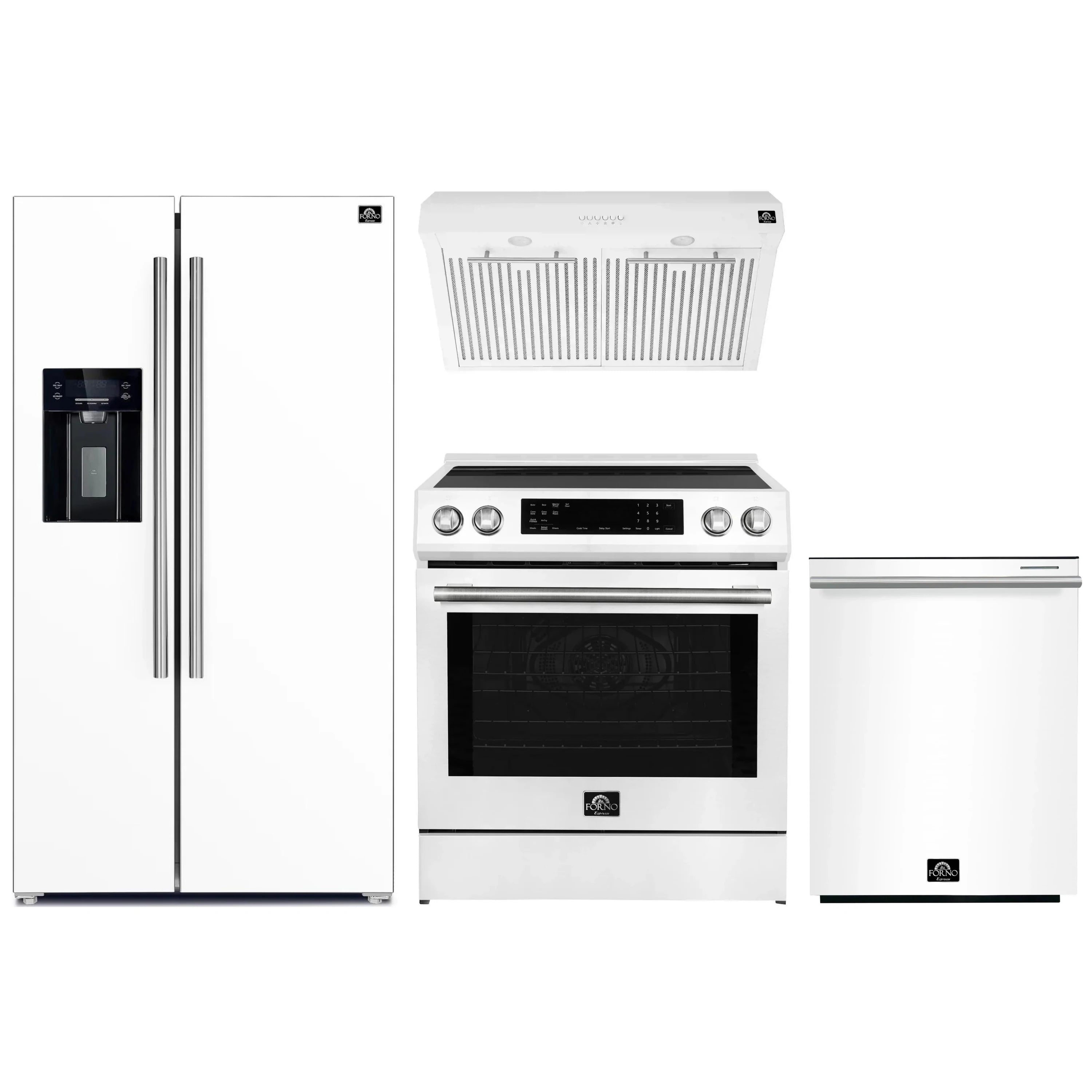 White appliance set with refrigerator, range, hood, and dishwasher, stainless accents