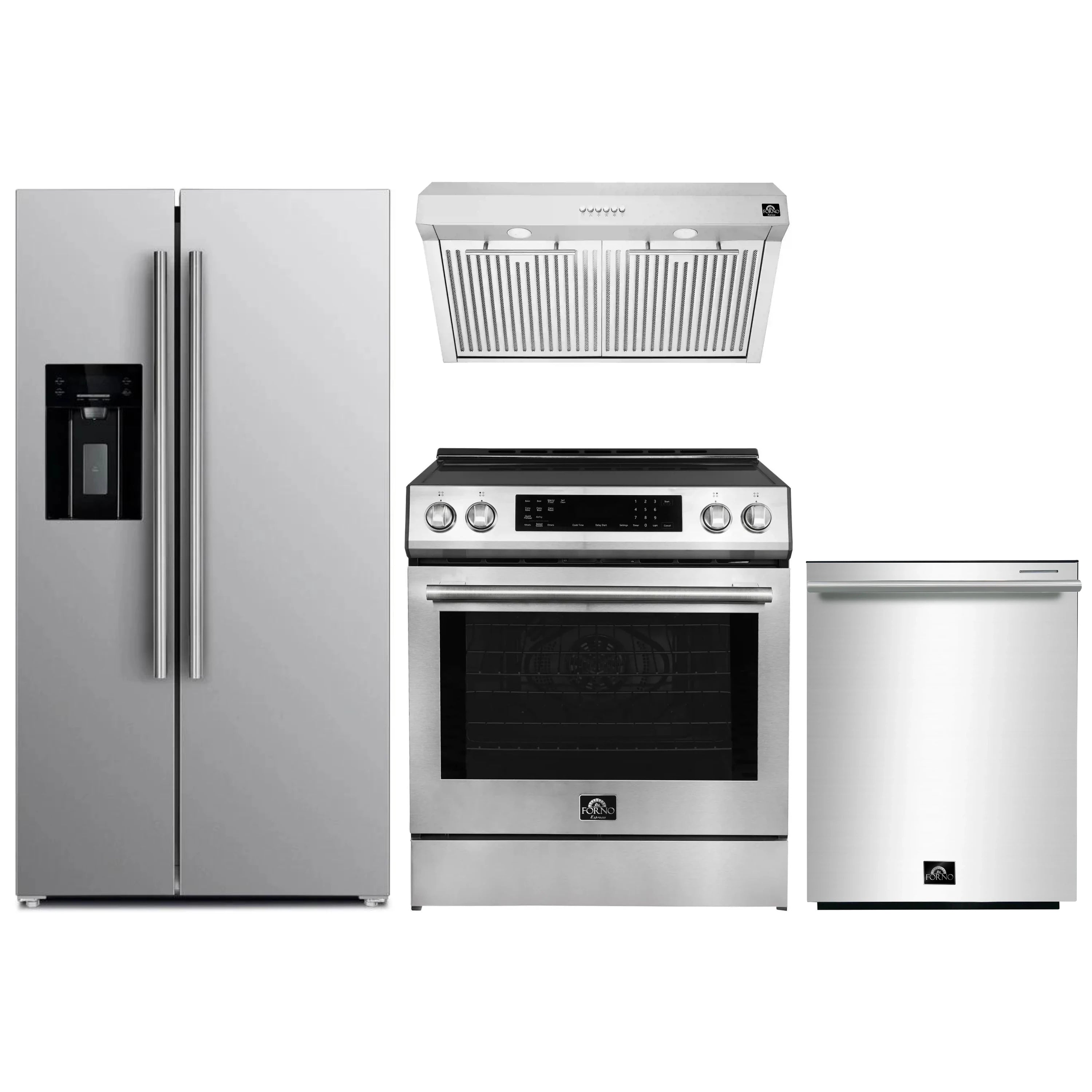 Stainless steel kitchen appliance set: range, hood, refrigerator, and dishwasher