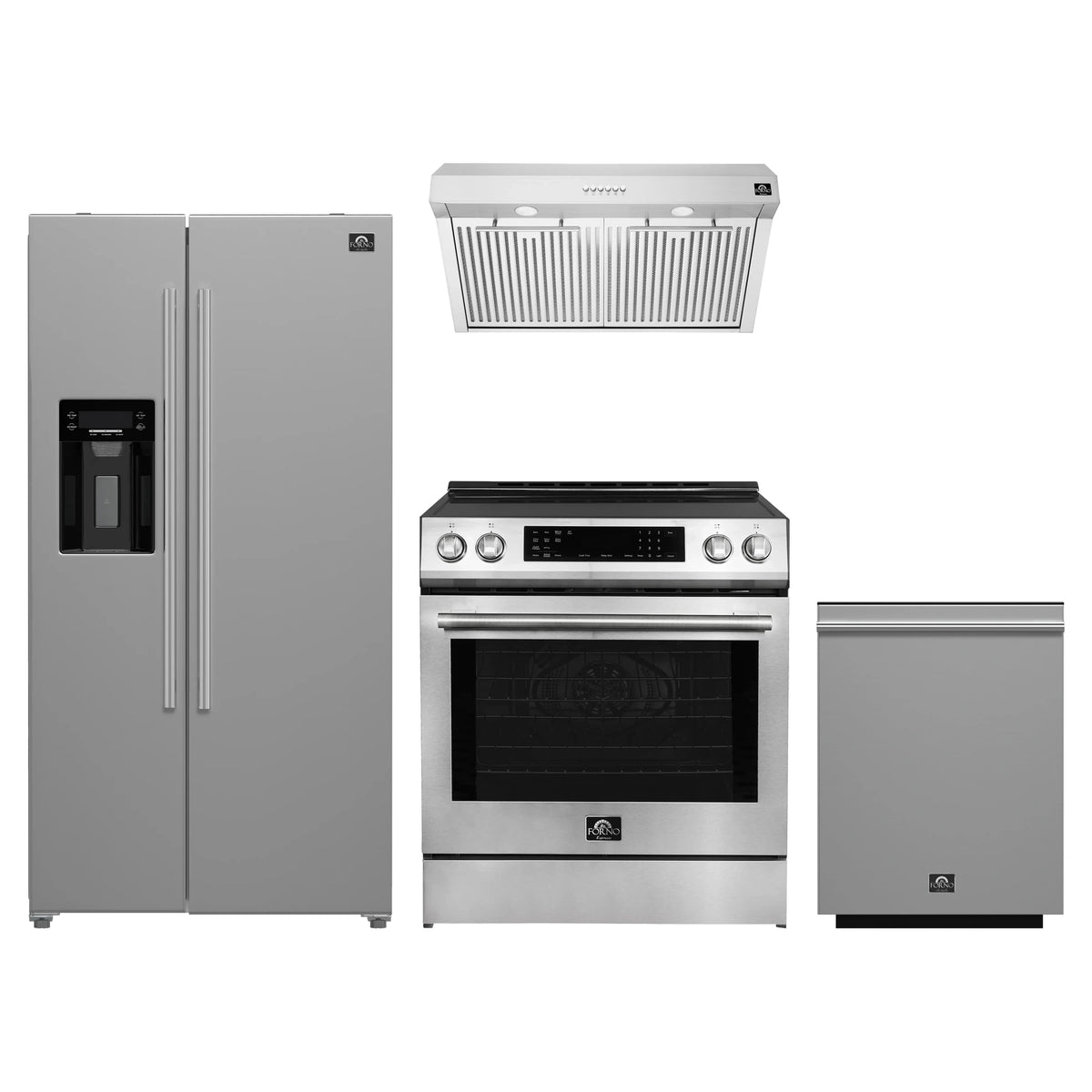 Forno Espresso 4-Piece Appliance Package - 30-Inch Induction Range, Under Cabinet Range Hood, Refrigerator with Water Dispenser and Dishwasher in Stainless Steel