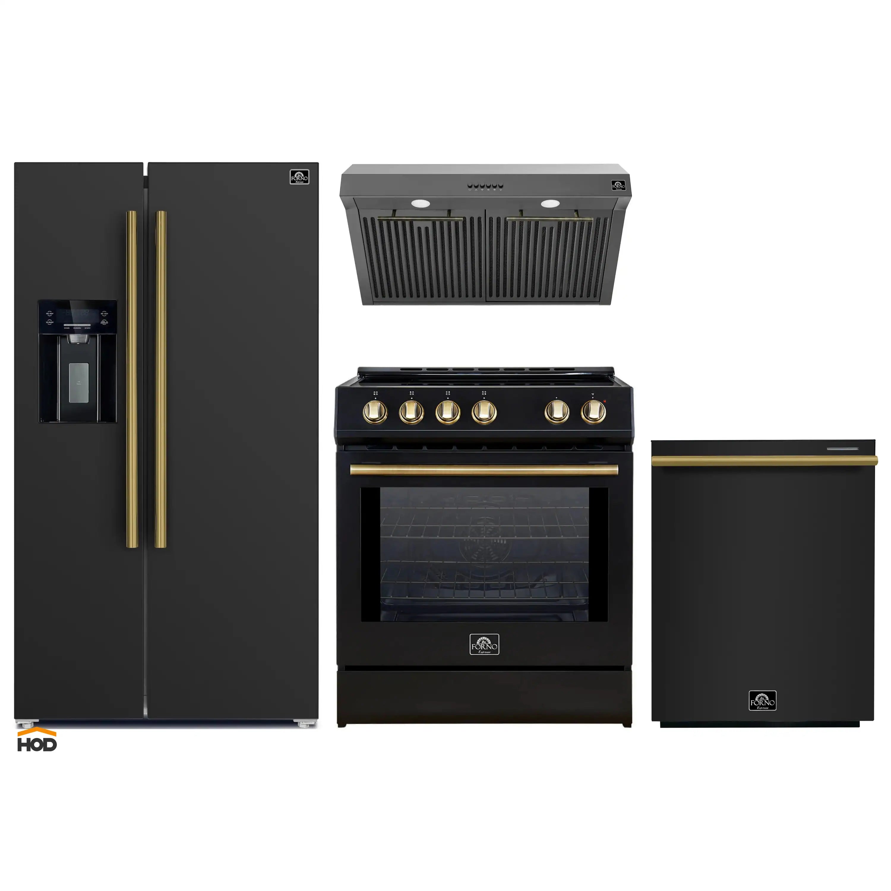 4-piece black appliance package with antique brass accents: fridge, induction range, hood, dishwasher
