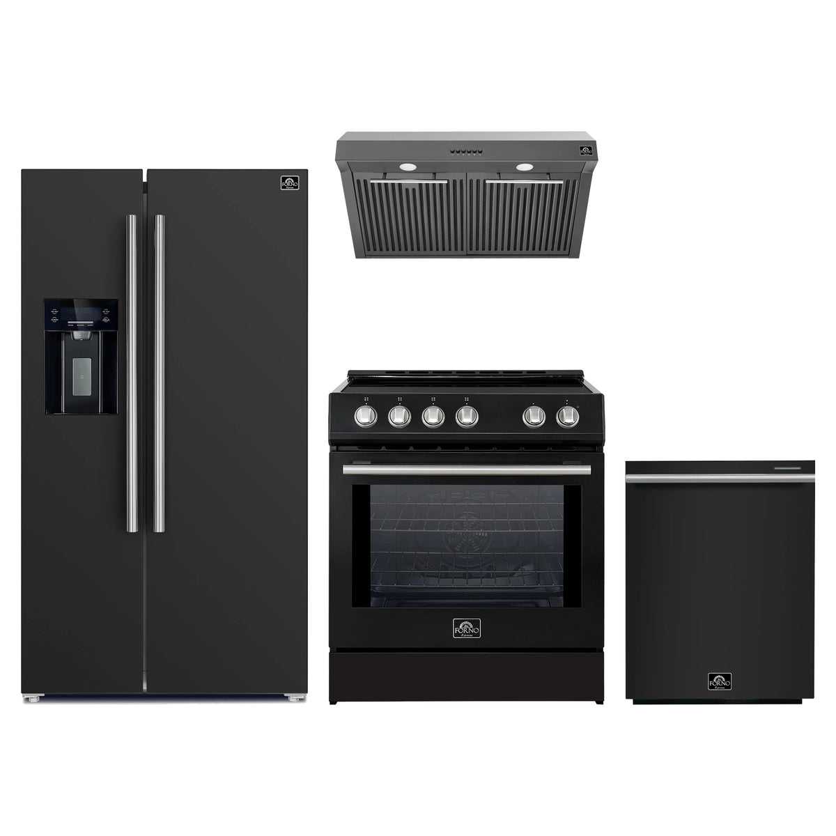 Forno 4-Piece Appliance Package - 30-Inch Induction Range, Under Cabinet Range Hood, Refrigerator with Water Dispenser, and Dishwasher in Black with Stainless Steel Trim