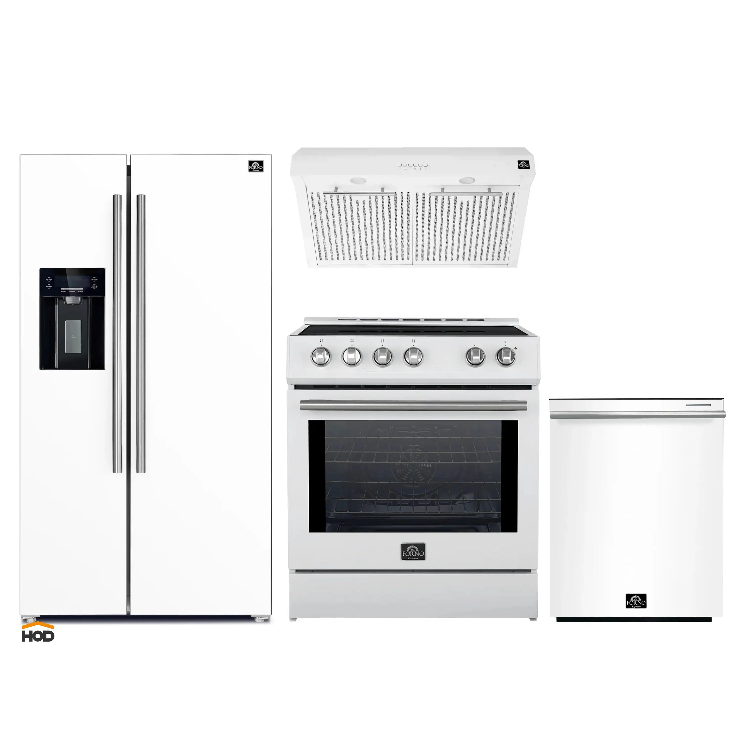 White kitchen appliance set: French door refrigerator, induction range, under-cabinet hood