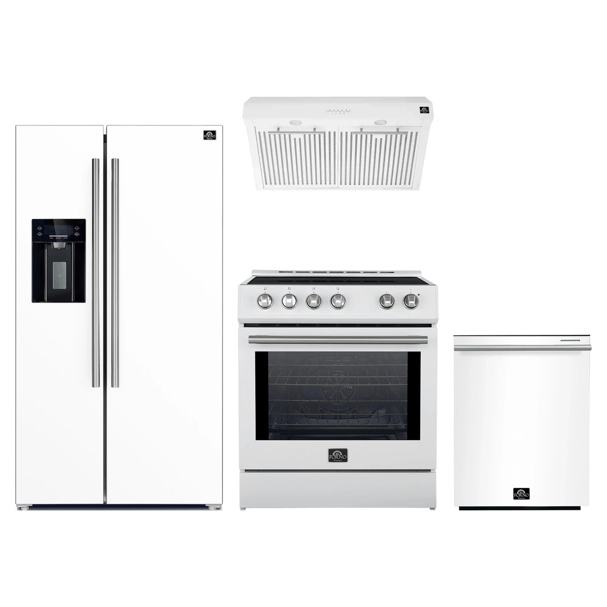 Forno 4-Piece Appliance Package - 30-Inch Induction Range, Under Cabinet Range Hood, Refrigerator with Water Dispenser, and Dishwasher in White with Stainless Steel Trim