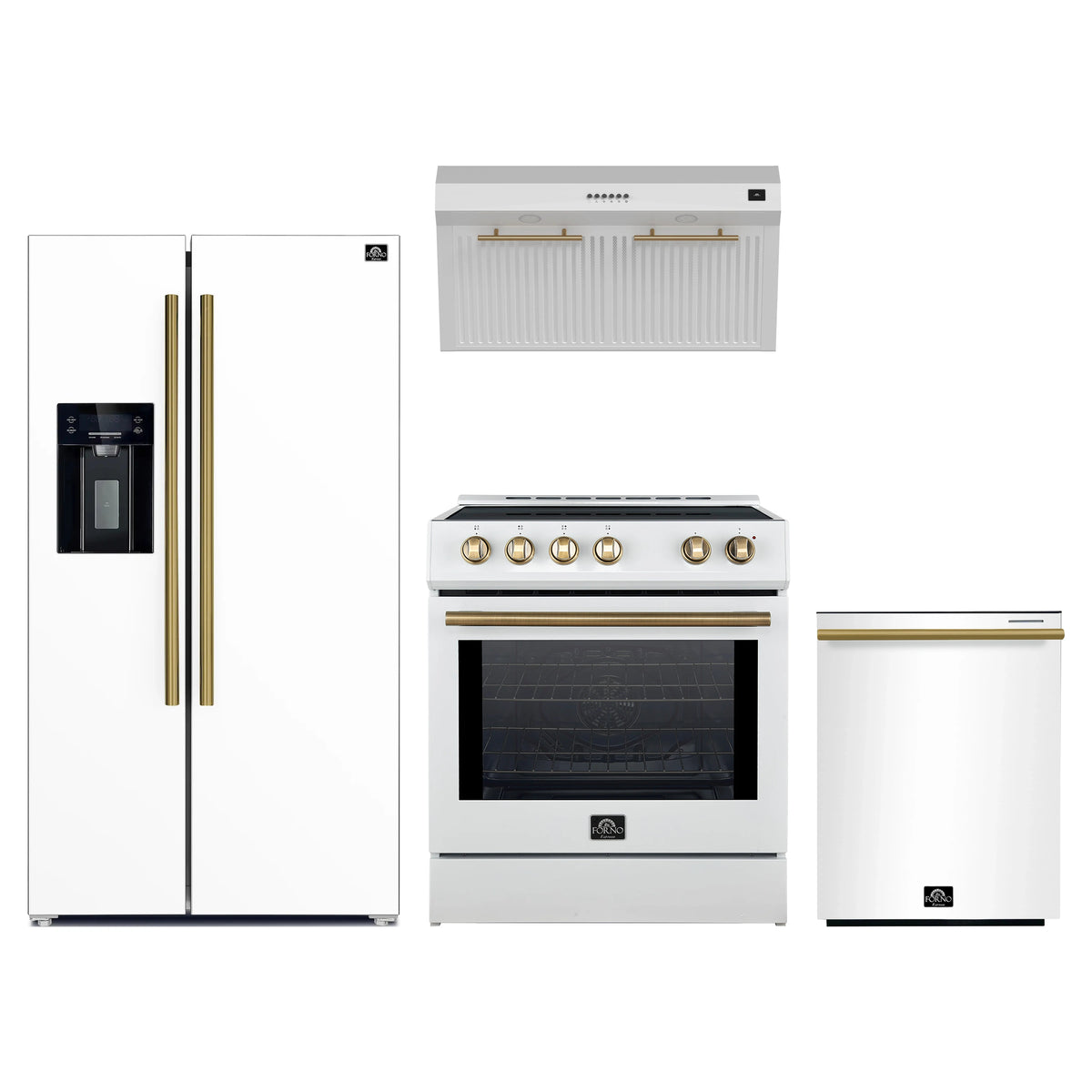Forno 4-Piece Appliance Package - 30-Inch Induction Range, Under Cabinet Range Hood, Refrigerator with Water Dispenser, and Dishwasher in White with Antique Brass Trim