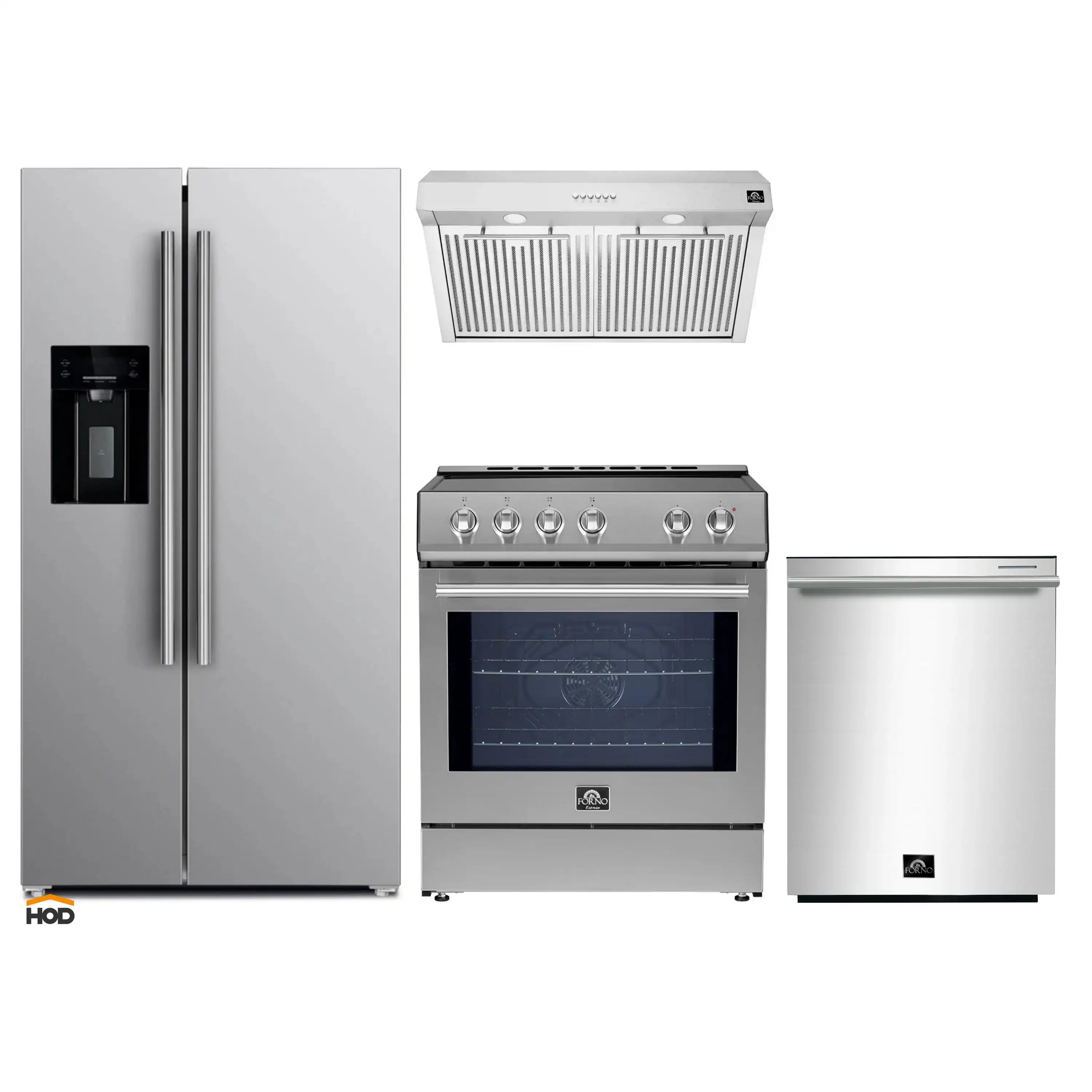 Stainless steel appliance set: French door refrigerator, range, and range hood