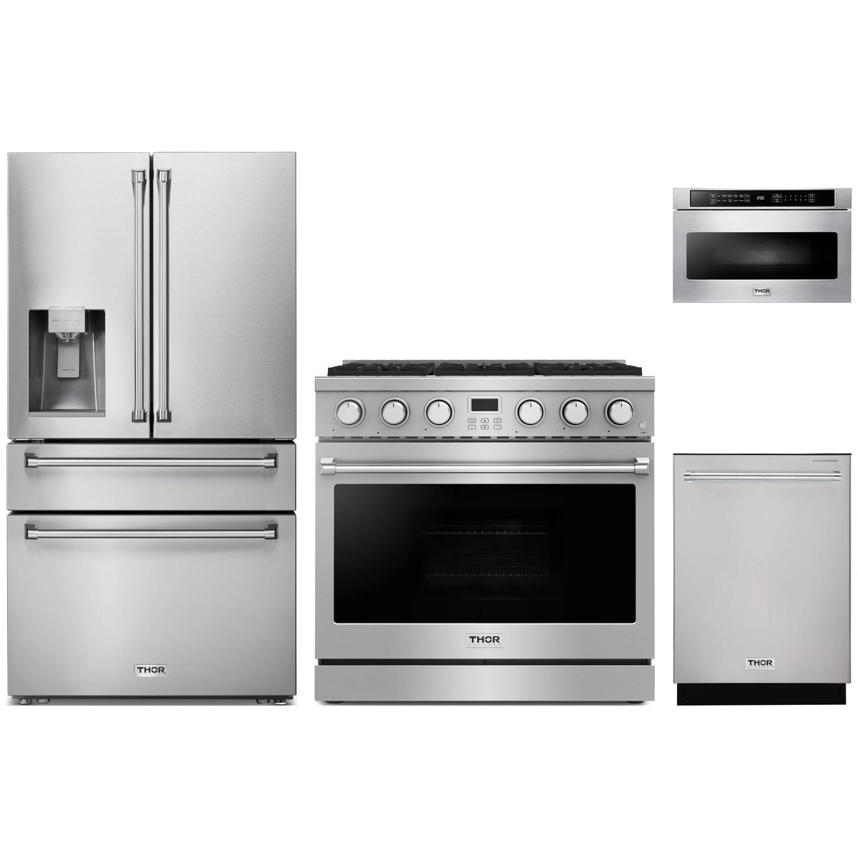 Stainless steel 4-piece kitchen appliance set: refrigerator, gas range, dishwasher, microwave