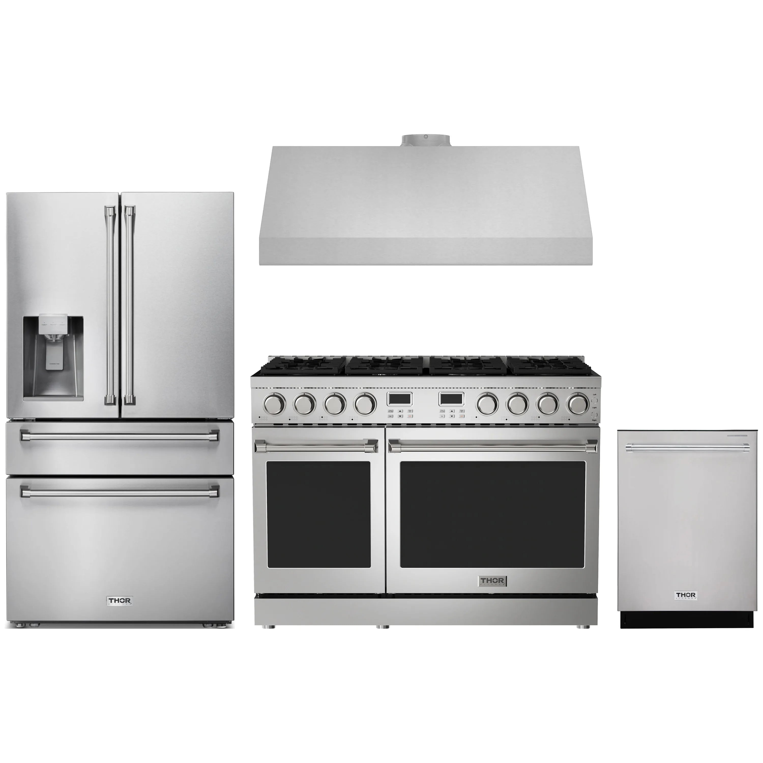Stainless steel 4-piece appliance set: fridge w/ water, gas range w/ hood, dishwasher