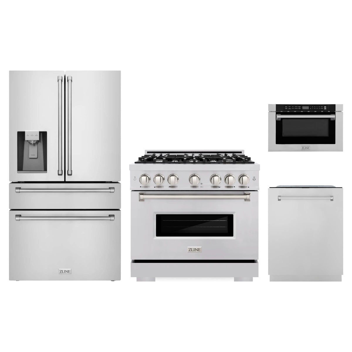 ZLINE 4-Piece Appliance Package - 36-Inch Classic Dual Fuel Range, Refrigerator with Water Dispenser, Dishwasher, and 24-Inch Microwave Drawer in Stainless Steel