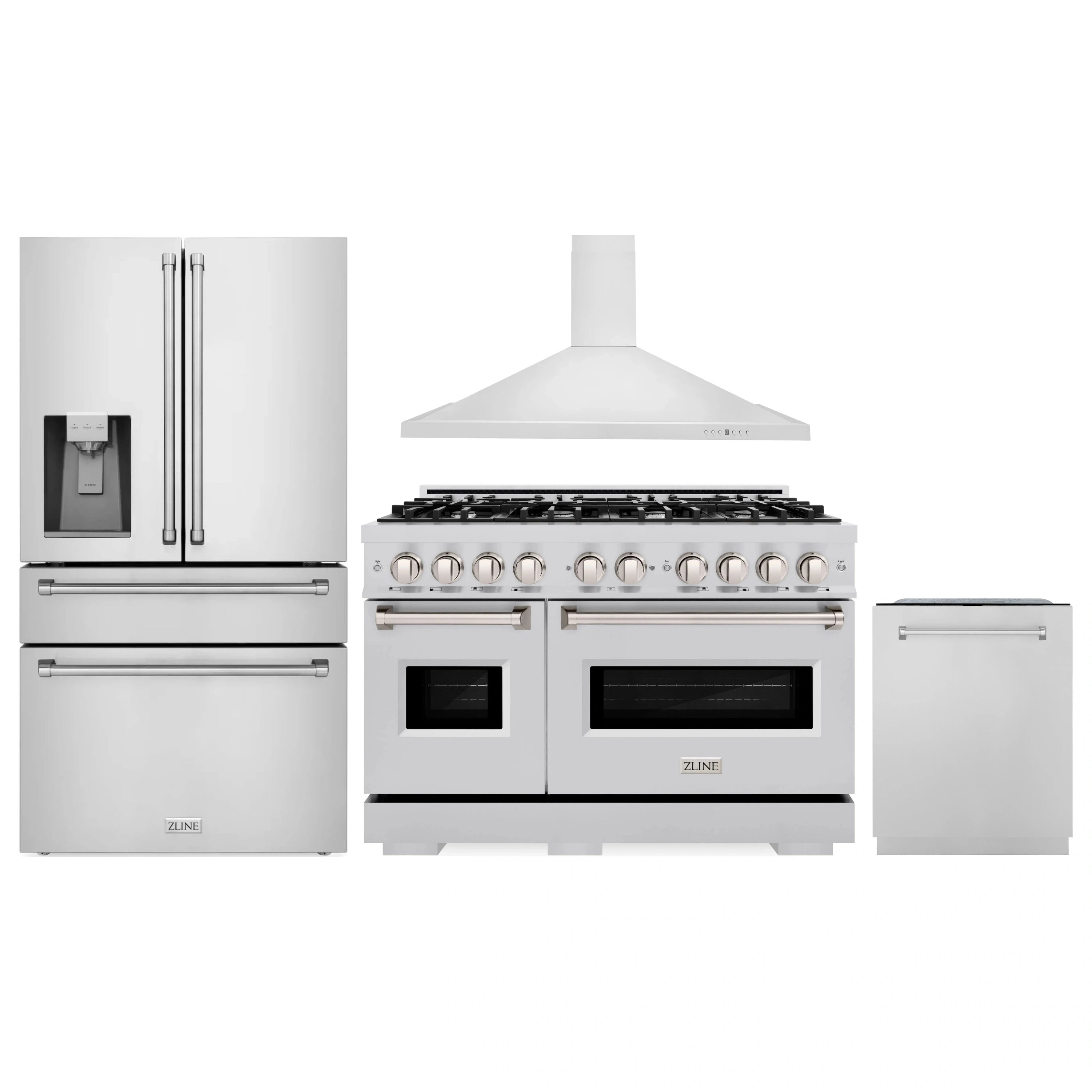 Stainless steel appliance package with refrigerator, range and hood, and dishwasher