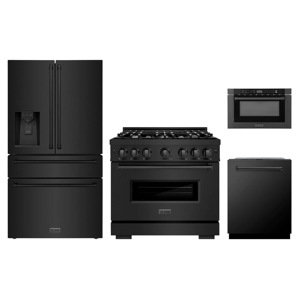 ZLINE 4-Piece Appliance Package - 36-Inch Classic Dual Fuel Range, Refrigerator with Water Dispenser, Dishwasher, and 24-Inch Microwave Drawer in Black Stainless Steel