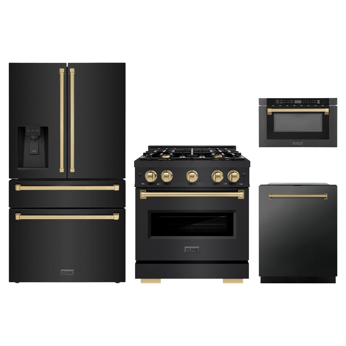 ZLINE 4-Piece Appliance Package - 30-Inch Classic Dual Fuel Range, Refrigerator with Water Dispenser, Dishwasher, and 24-Inch Microwave Drawer in Black Stainless Steel with Champagne Bronze Accents