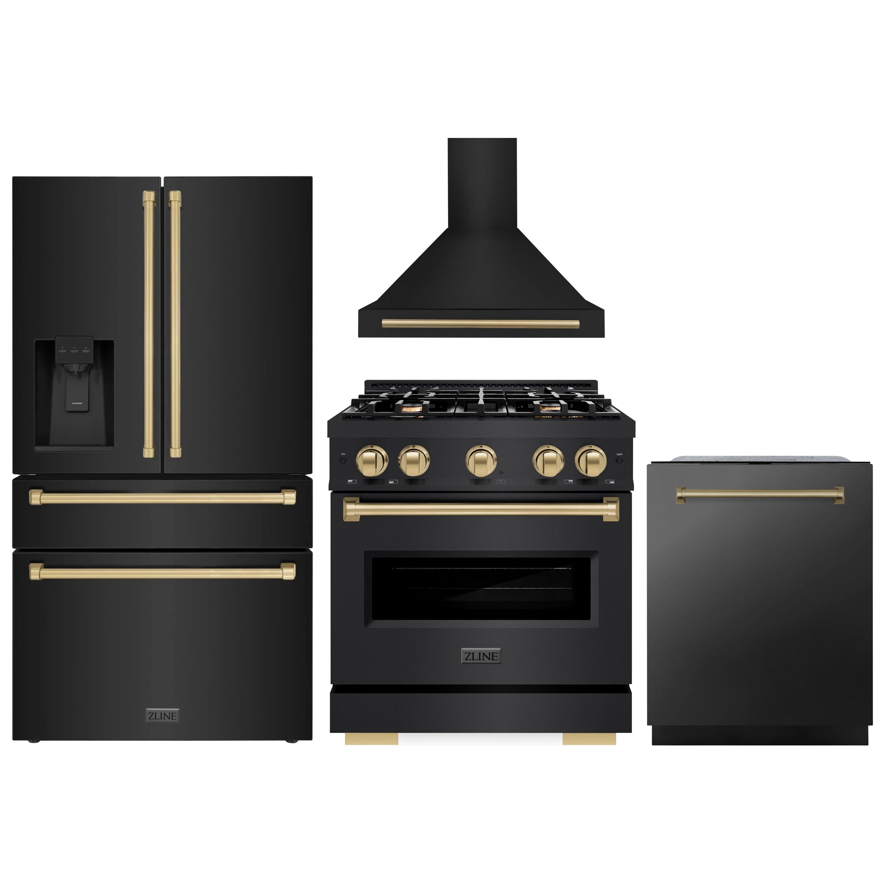 Black stainless appliance package with gold accents: range, hood, and refrigerator
