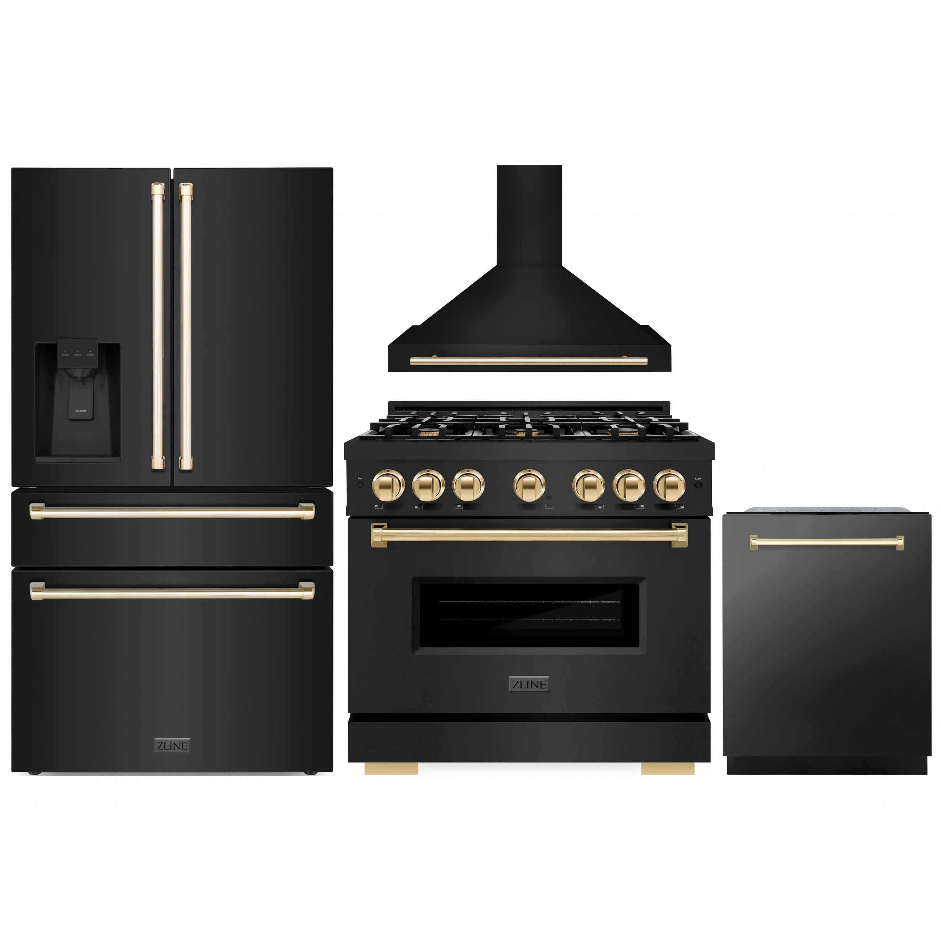 Black stainless kitchen appliance package with range, hood, refrigerator and dishwasher