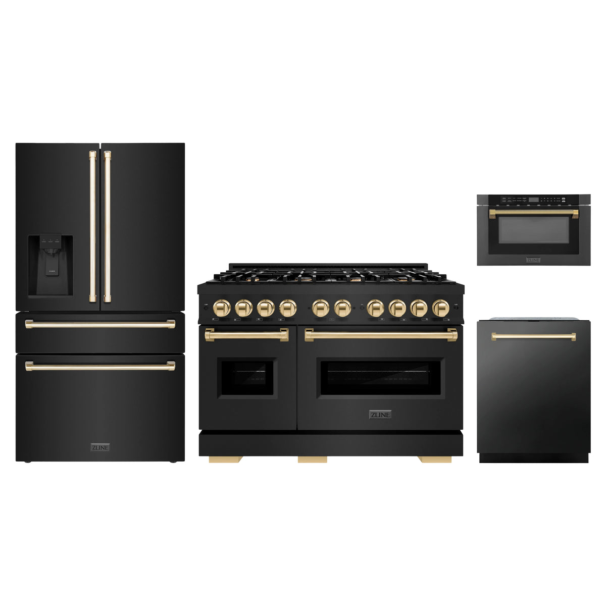 ZLINE 4-Piece Appliance Package - 48-Inch Classic Dual Fuel Range, Refrigerator with Water Dispenser, Dishwasher, and 24-Inch Microwave Drawer in Black Stainless Steel with Gold Accents