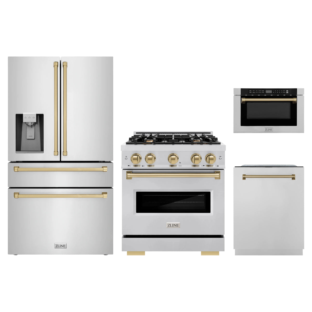 ZLINE 4-Piece Appliance Package - 30-Inch Classic Dual Fuel Range, Refrigerator with Water Dispenser, Dishwasher, and 24-Inch Microwave Drawer in Stainless Steel with Champagne Bronze Accents
