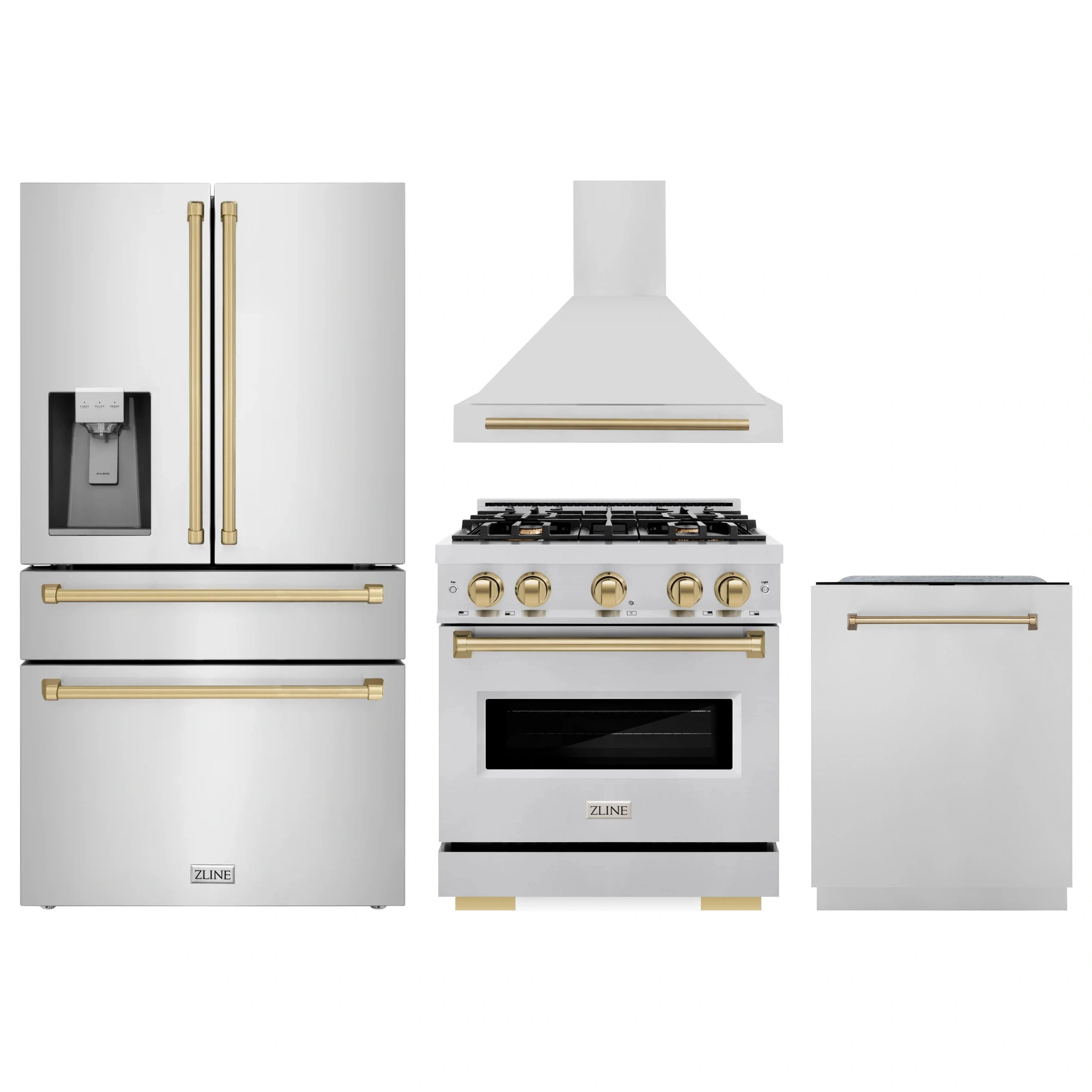 Stainless steel kitchen appliance set with gold-accent controls: range, dishwasher, refrigerator, hood