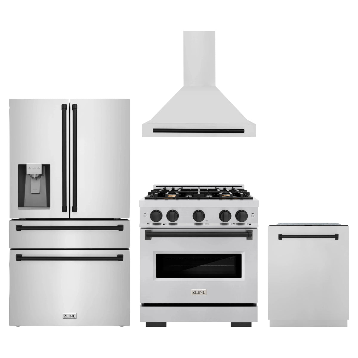 ZLINE 4-Piece Appliance Package - 30-Inch Dual Fuel Range, Hood, Refrigerator with Water Dispenser, and Dishwasher in Stainless Steel with Matte Black Accents