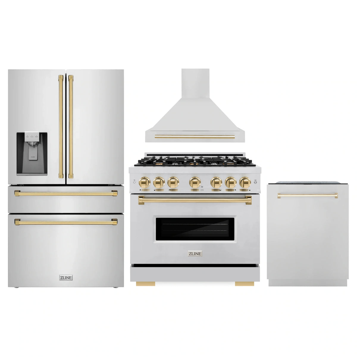 Stainless steel kitchen appliance set with range, hood, refrigerator, and dishwasher