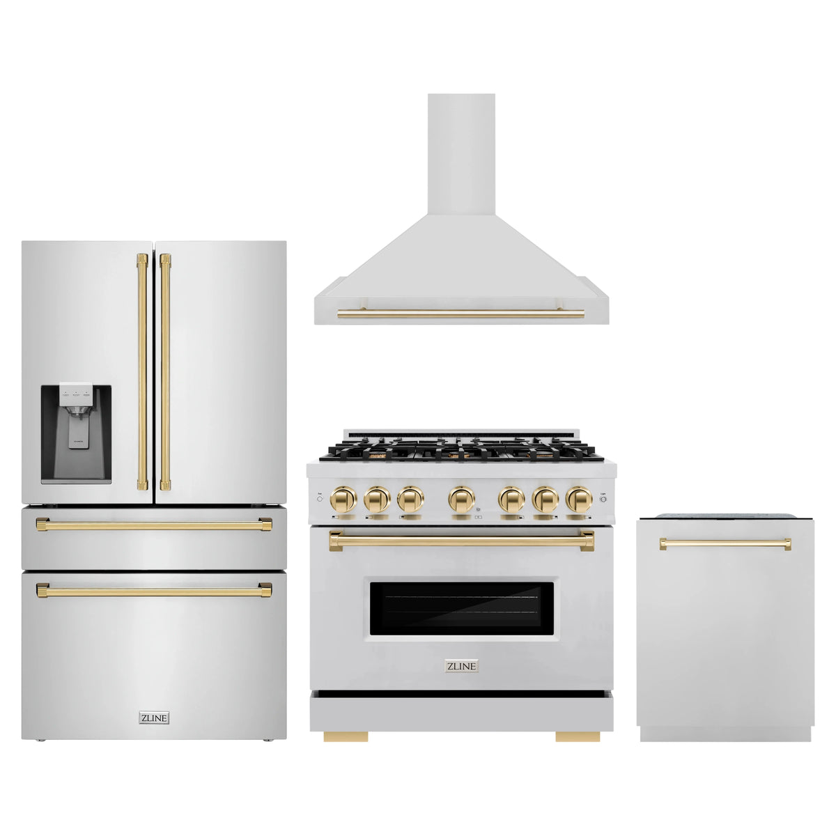 ZLINE 4-Piece Appliance Package - 36-Inch Dual Fuel Range, Hood, Refrigerator with Water Dispenser, and Dishwasher in Stainless Steel with Gold Accents