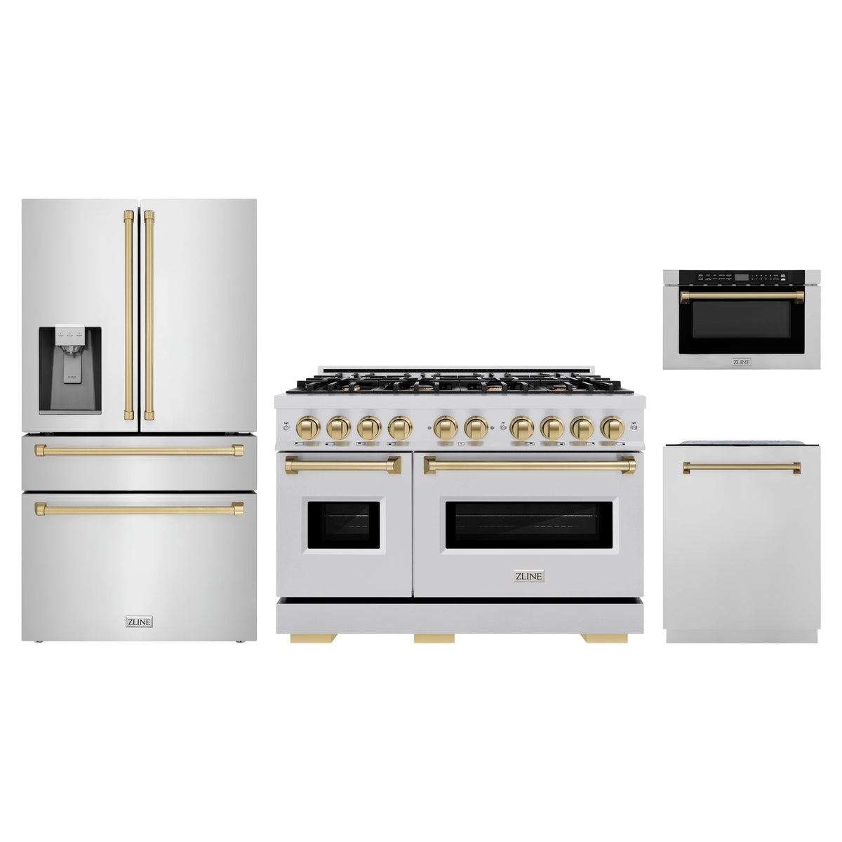 ZLINE 4-Piece Appliance Package - 48-Inch Classic Dual Fuel Range, Refrigerator with Water Dispenser, Dishwasher, and 24-Inch Microwave Drawer in Stainless Steel with Champagne Bronze Accents