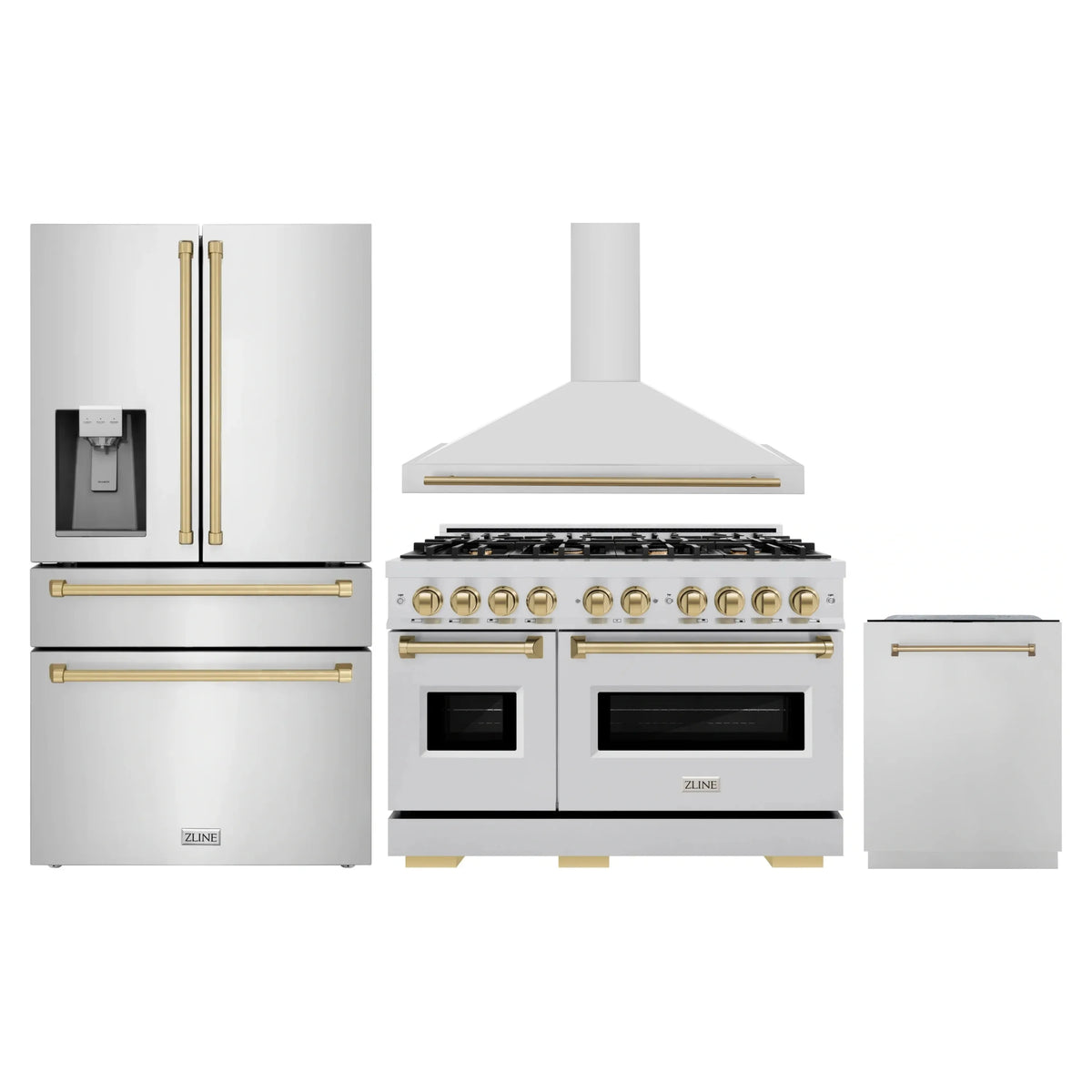 Stainless steel kitchen appliance set with dual fuel range, hood, fridge, dishwasher—bronze accents