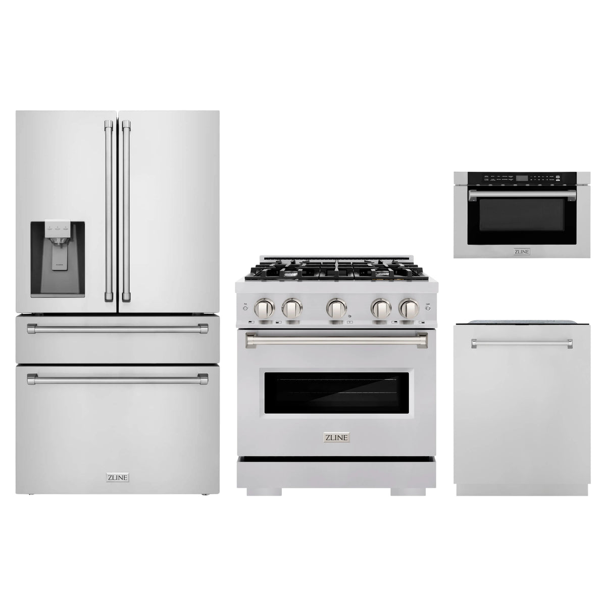 ZLINE 4-Piece Appliance Package - 30-Inch Classic Gas Range, Refrigerator with Water Dispenser, Dishwasher, and 24-Inch Microwave Drawer in Stainless Steel