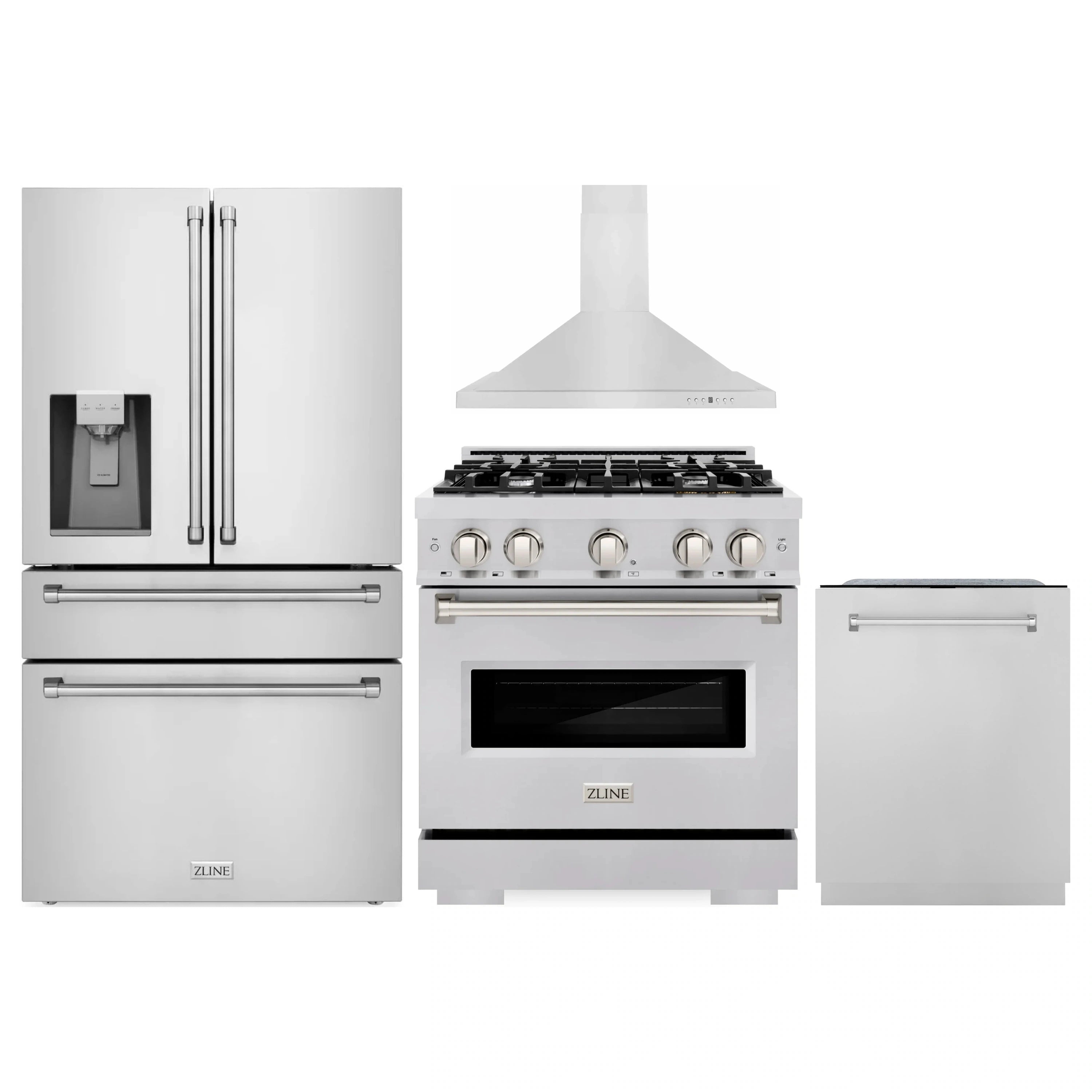 Stainless steel appliance package with refrigerator, gas range, hood, and dishwasher