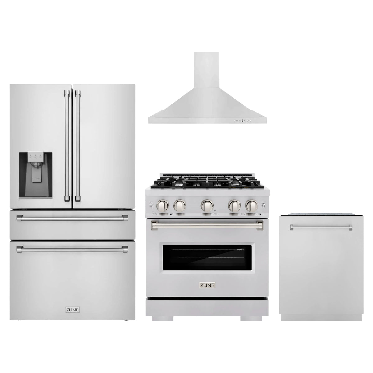 ZLINE 4-Piece Appliance Package - 30-Inch Gas Range, Hood, Refrigerator with Water Dispenser, and Dishwasher in Stainless Steel
